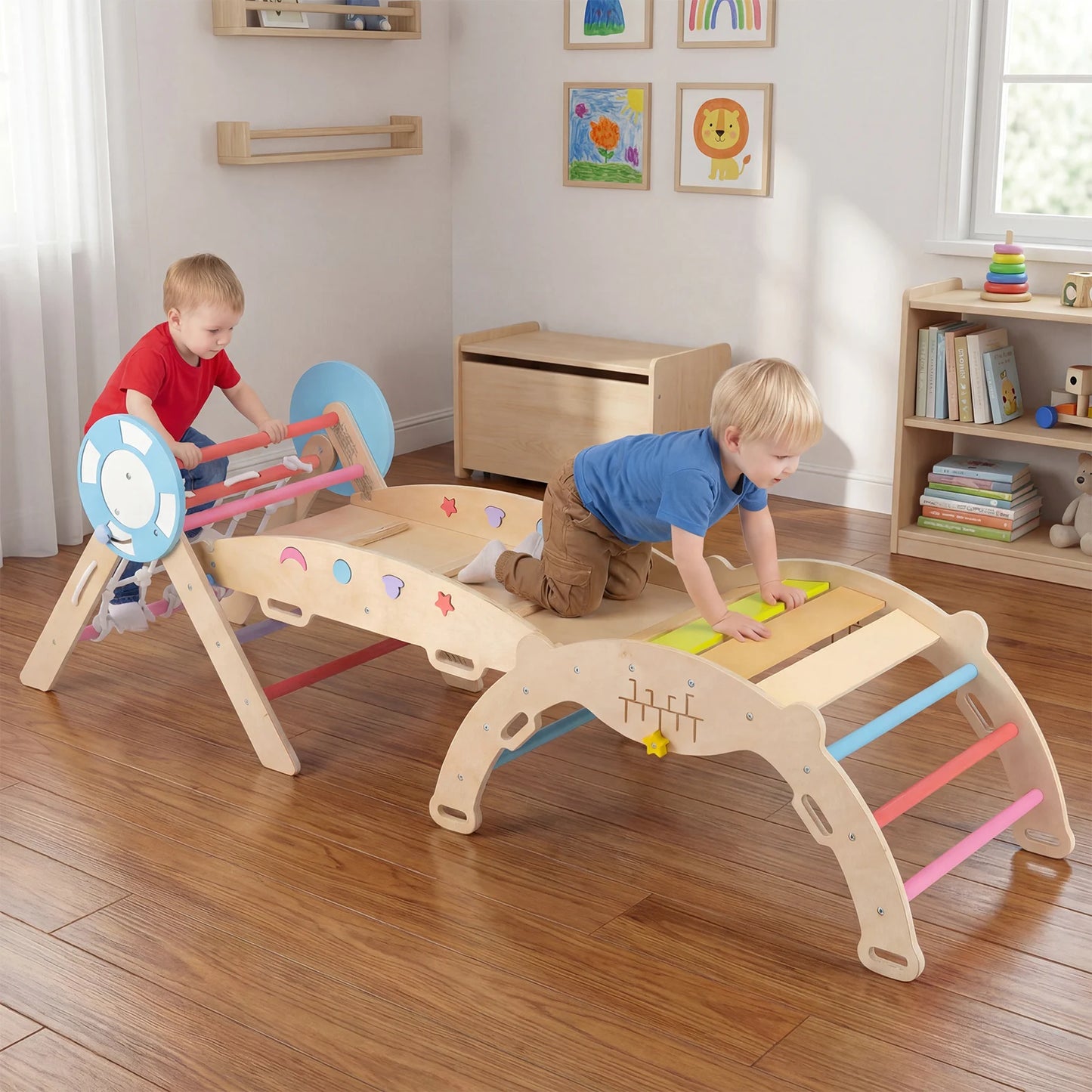 8-in-1 Wooden Triangle Set Foldable Montessori Climbing Toys-Macaron
