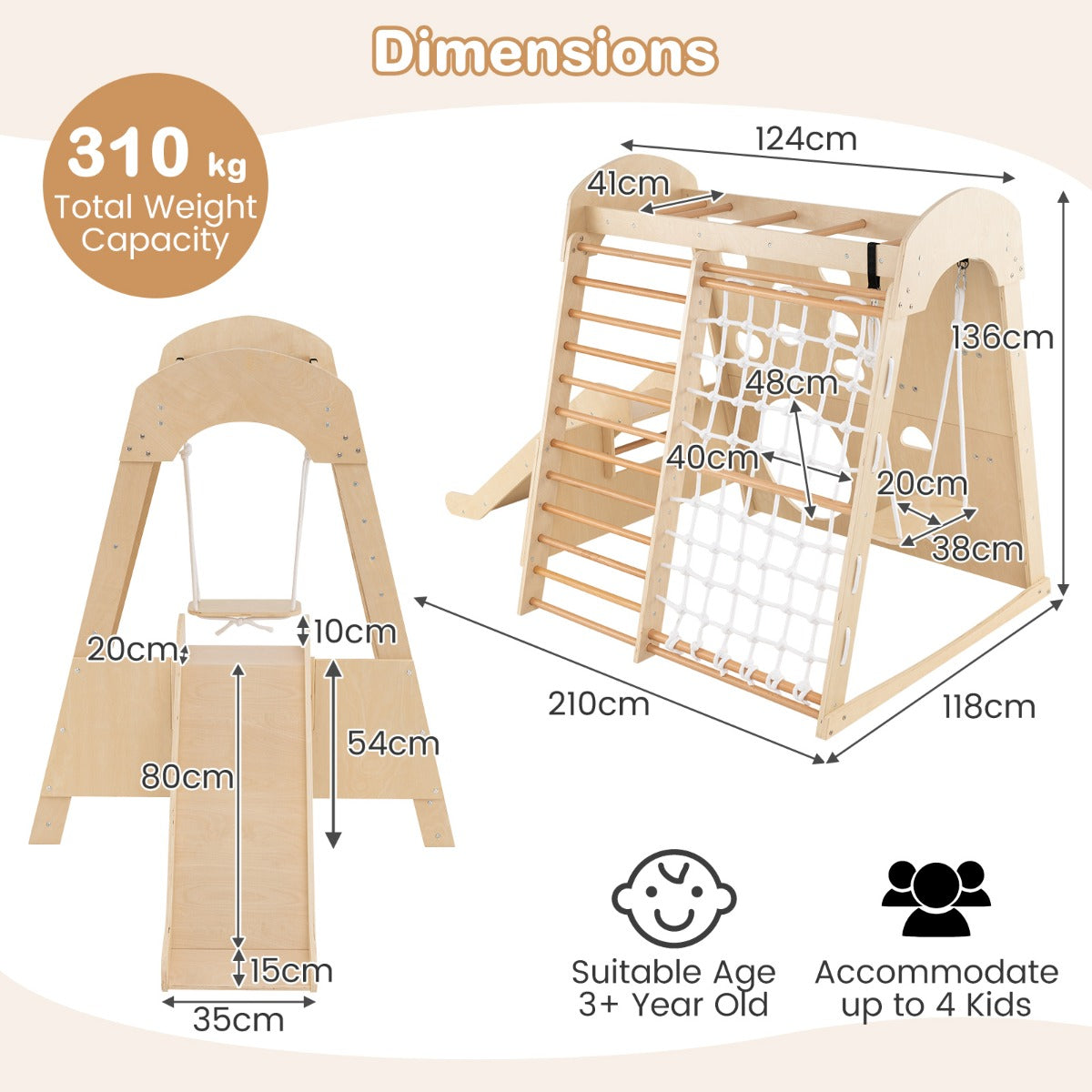 8-in-1 Indoor Jungle Gym Wooden Playground with Climbing Wall-Colourful