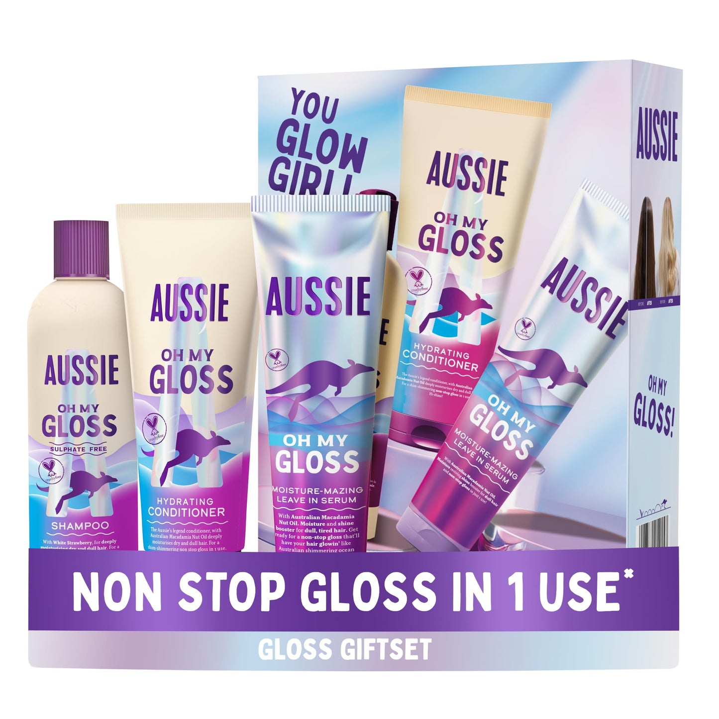 Aussie Oh My Gloss Hydrating Giftset: Shampoo 300ml, Conditioner 200ml, Lightweight Leave-in Serum 160ml. Moisture & Shine Booster for Dull, Dry Hair.