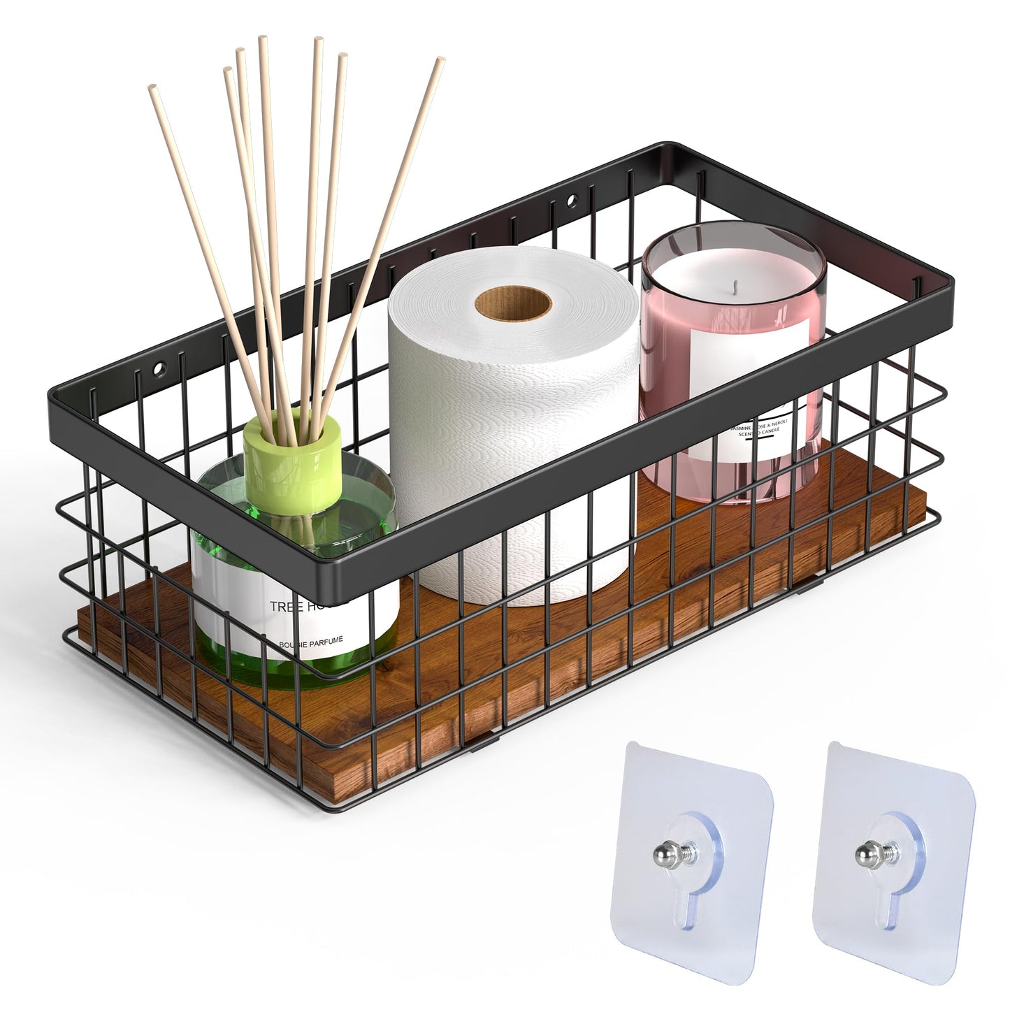 Wire Storage Basket for Bathroom, Kitchen, Metal Wire Baskets with Decorative Wood Base, Storage Basket for Toilet Paper, Cosmetic & Spices, Wall