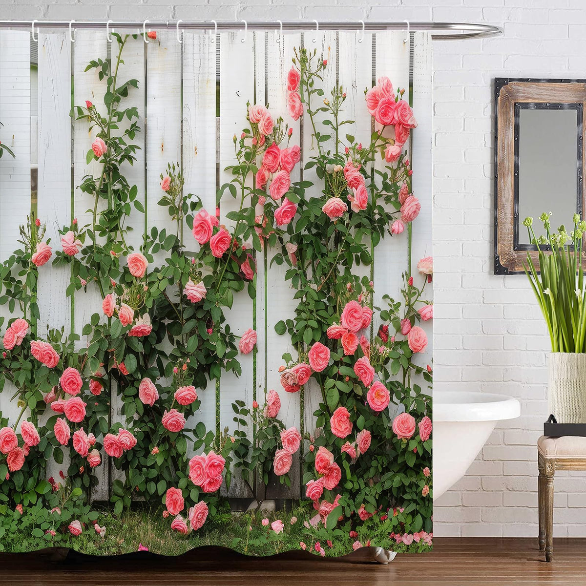 GOOESING Roses Flower on Wooden Shower Curtain Flowers and Leaves Rustic Shower Curtain Bathroom Curtain with Hooks Bathroom Decor Washable Durable