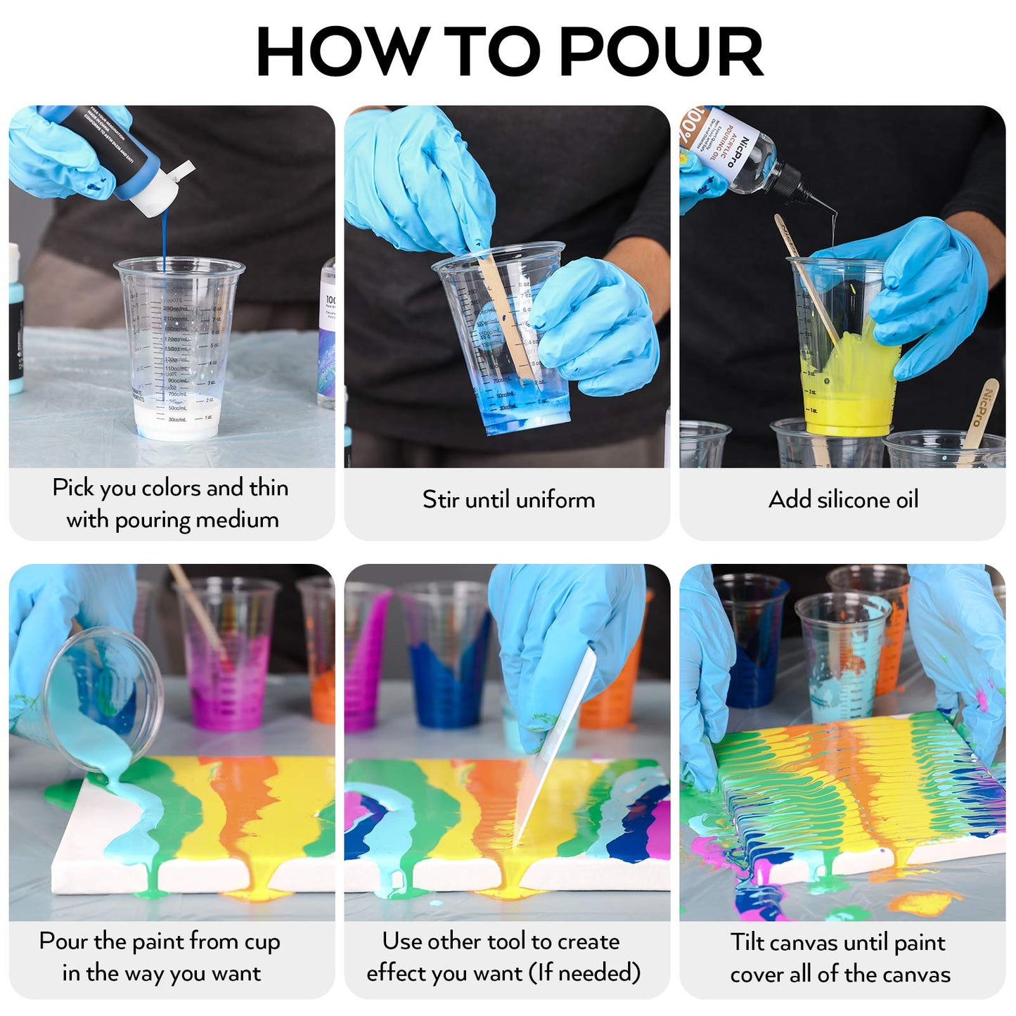 Nicpro Acrylic Pour Kit, Artist Starter Supplies Including 19 Colors Acrylic Paints, Pouring Medium, Silicone Oil, Canvases, Gloves, Strainers,