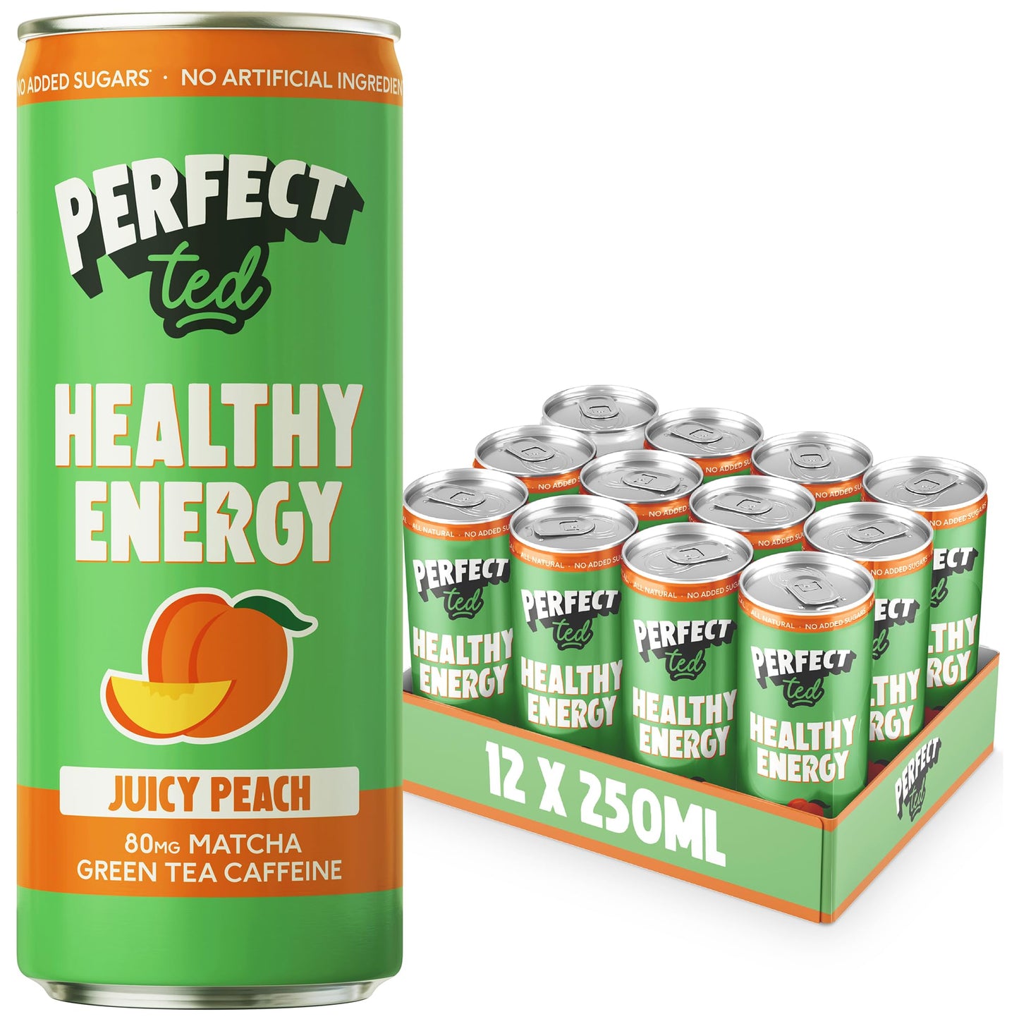 PerfectTed Juicy Peach Healthy Energy Drink, 12 x 250ml Cans, All-Natural Green Tea Caffeine (80mg) & L-Theanine | Low Calorie (43KCAL) | Vegan |