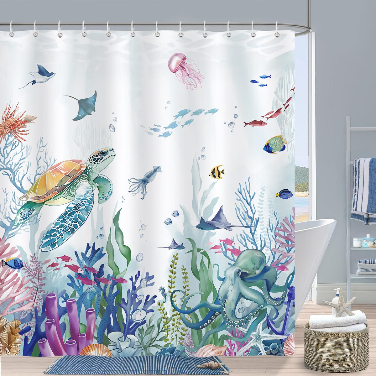 Bonhause Blue Ocean Seaworld Shower Curtain, Nautical Beach Turtle Octopus Bathroom Curtain 180 x 180 cm Waterproof Mildew and Mould Resistant