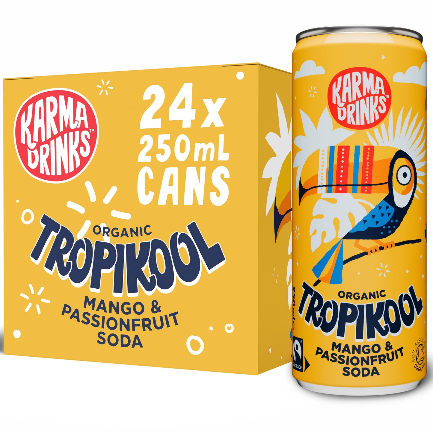 Karma Drinks Tropikool - Mango and Passionfruit Fizzy Soft Drink - 24 x 250ml Cans - Fairtrade, Organic & Vegan