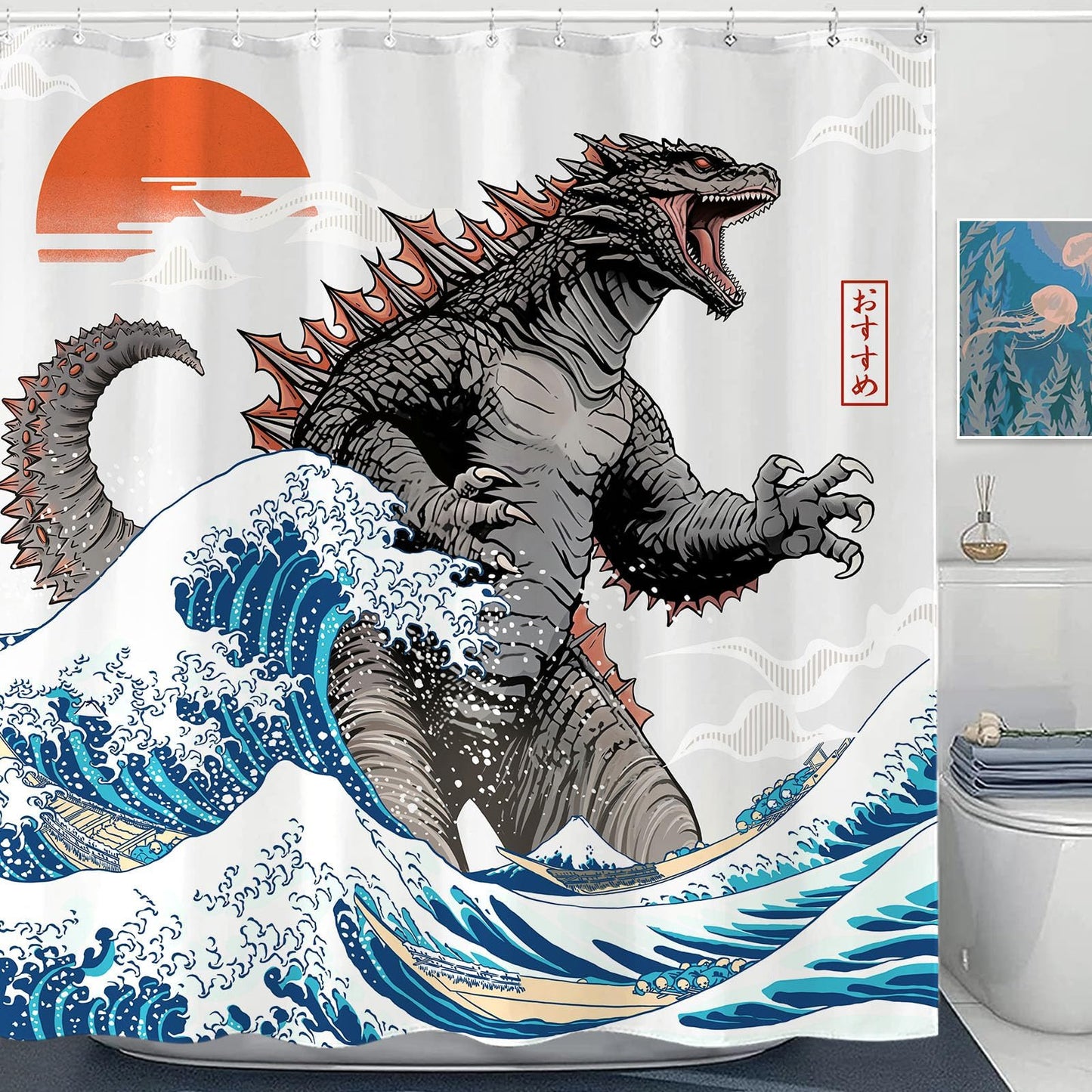 Wegklazax Japanese Monster 72x72 Inches Shower Curtain, Bathroom Curtain Decor Set with 12 Hooks