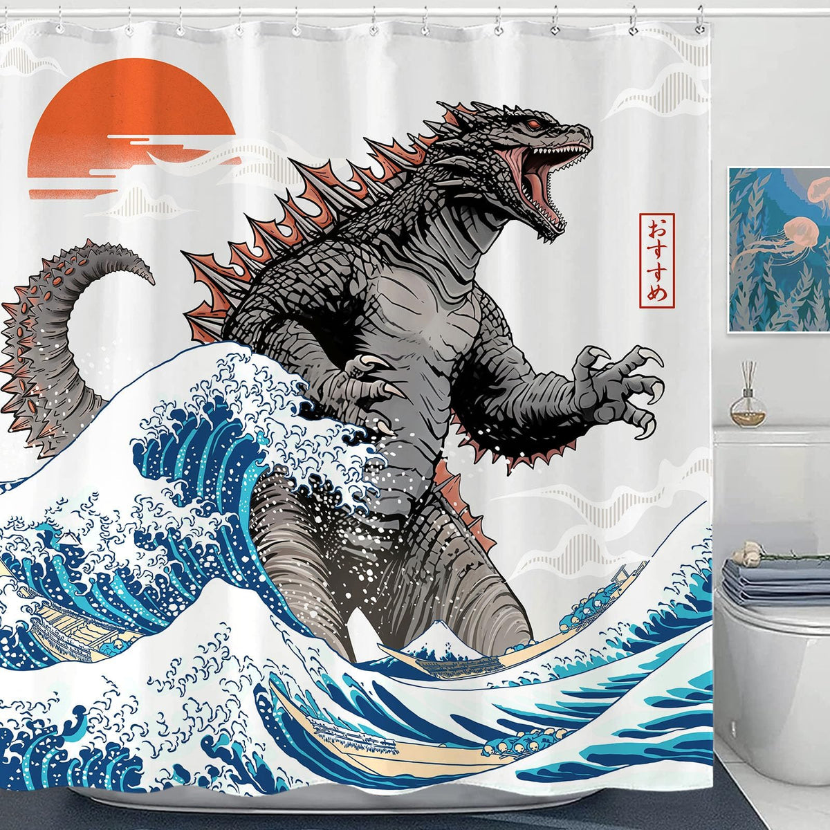Wegklazax Japanese Monster 72x72 Inches Shower Curtain, Bathroom Curtain Decor Set with 12 Hooks