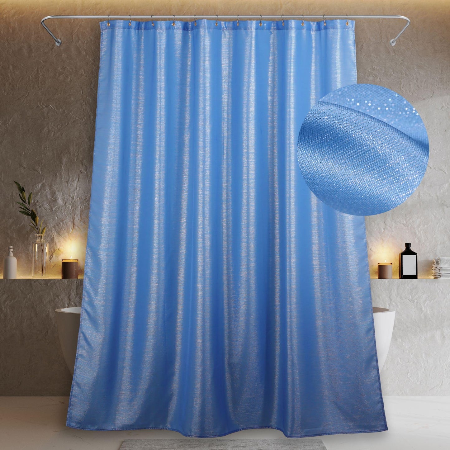 Popkozzi Blue Glitter Shower Curtain: Sparkle Bling Shiny Metallic Shimmer Shower Curtains for Bathroom - Anti Mould Water Repellent Washable Shower