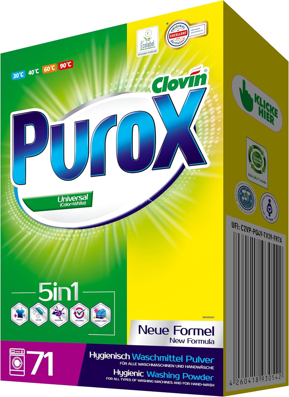PUROX UNIVERSAL Powder Detergent, 71 Washes, 5 kg, Damaged box, taped
