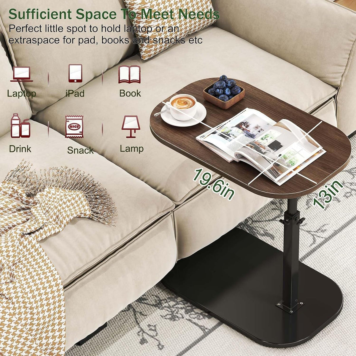 Kiss Me C Shaped Side Table, 360° Swivel End Table, Laptop Desk Black