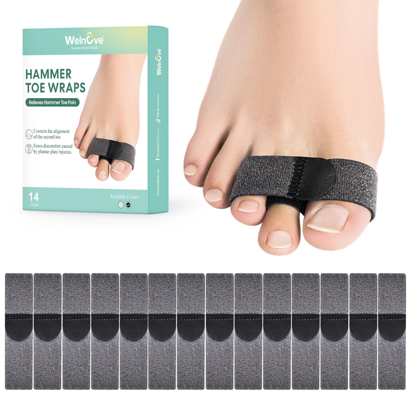 Welnove Hammer Toe Corrector for Women - 14 Pack Reusable Fabric Broken Toe Wraps - Hammer Toe Straightener for Men - Toe Splints for Crooked Toes,