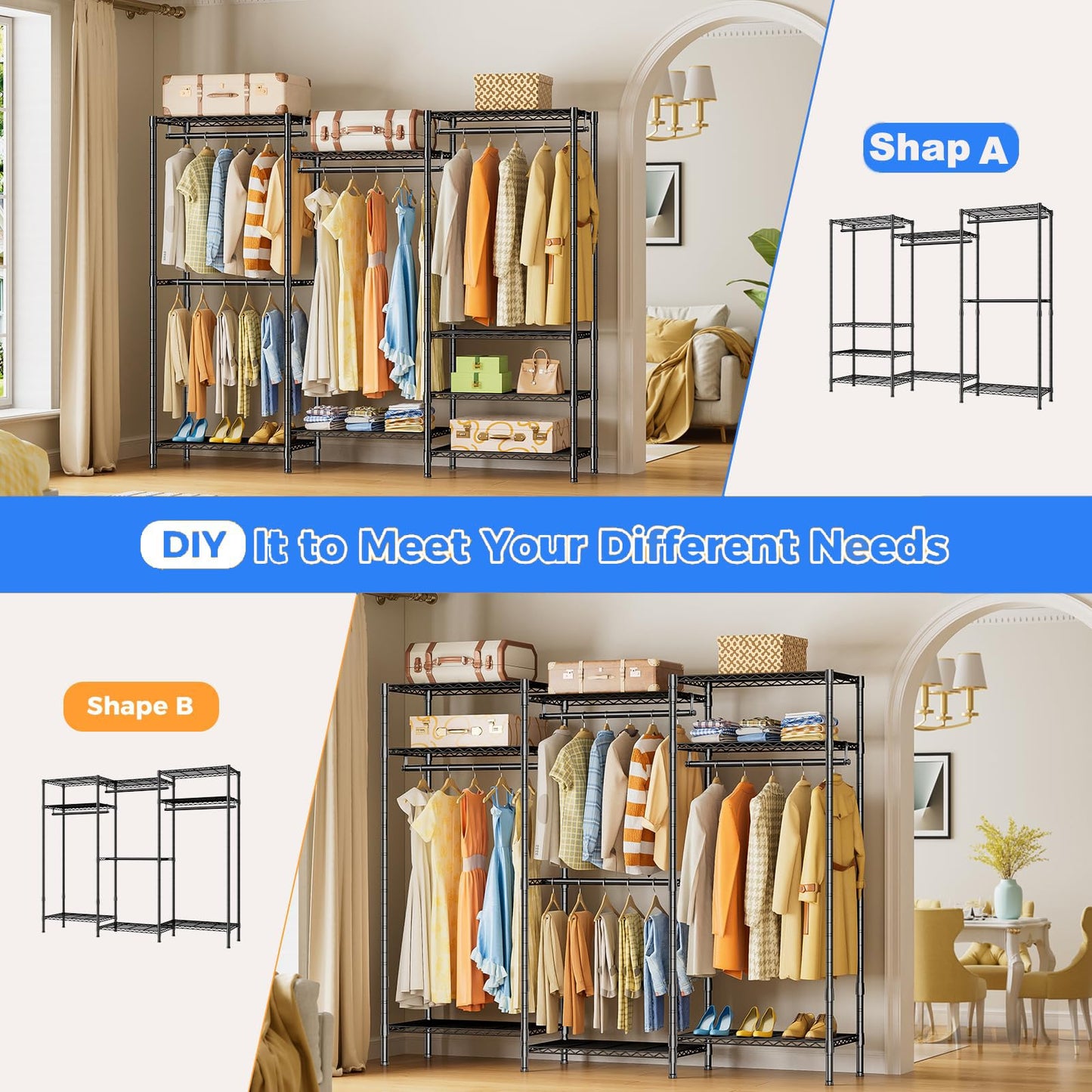 Heavy Duty Clothes Rail,Hanging Rails for Clothes,Clothing Rails,Portable Wardrobe Rail Metal Closet Rack with Shoe Rack