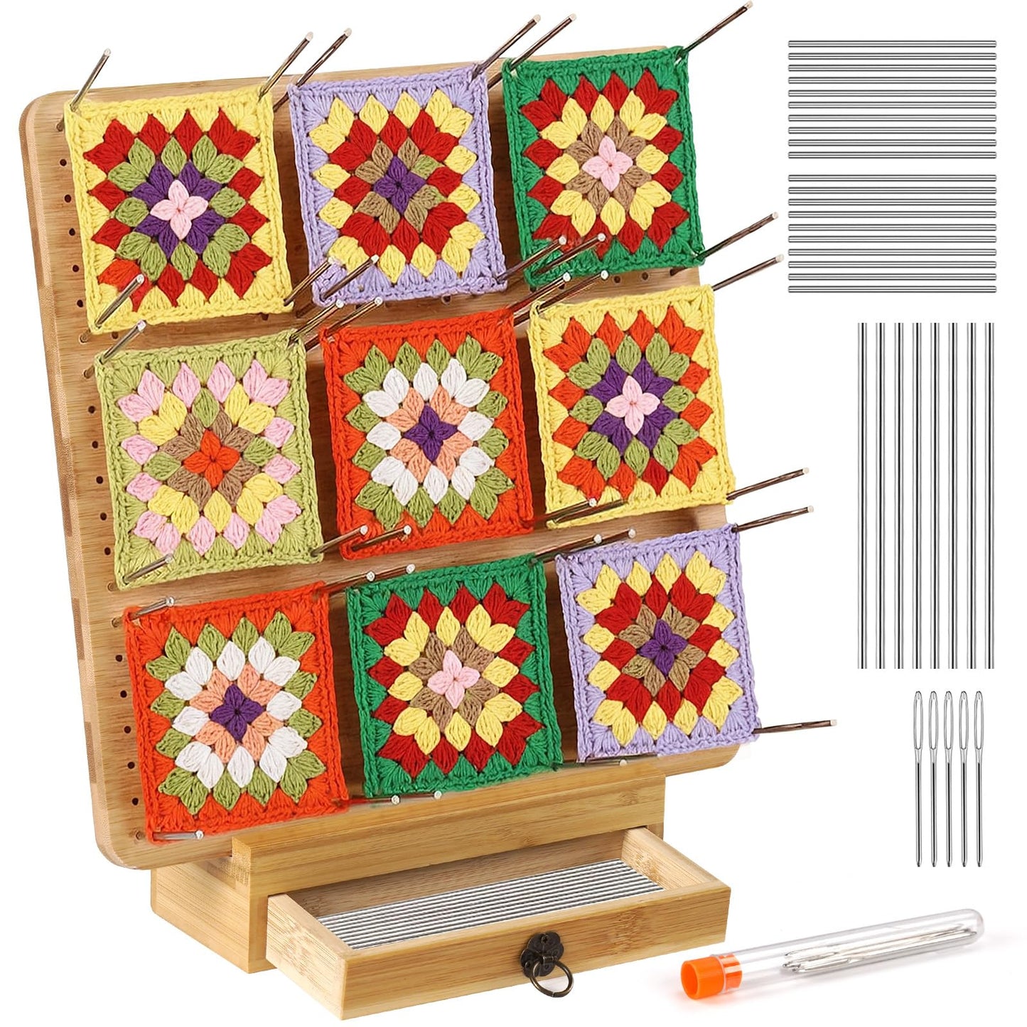 Crochet Blocking Board and Pins Large, Wooden Granny Square Blocking Board 11.4 inch with Drawers and 24 Pins, for Crochet and Knitting Projects,