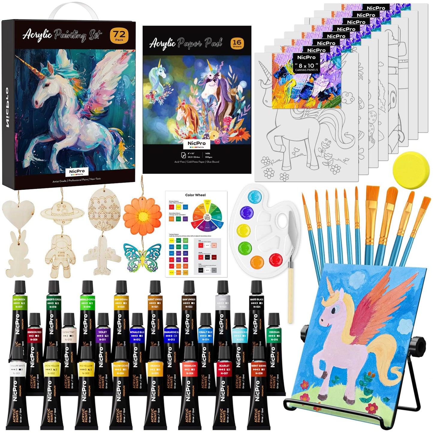 Nicpro 72PCS Painting Set with Pattern Canvas, Art Painting Supplies Kit with 24 Acrylic Paints,10 Brushes, 8 Canvas Panels,Table Easel,Paper