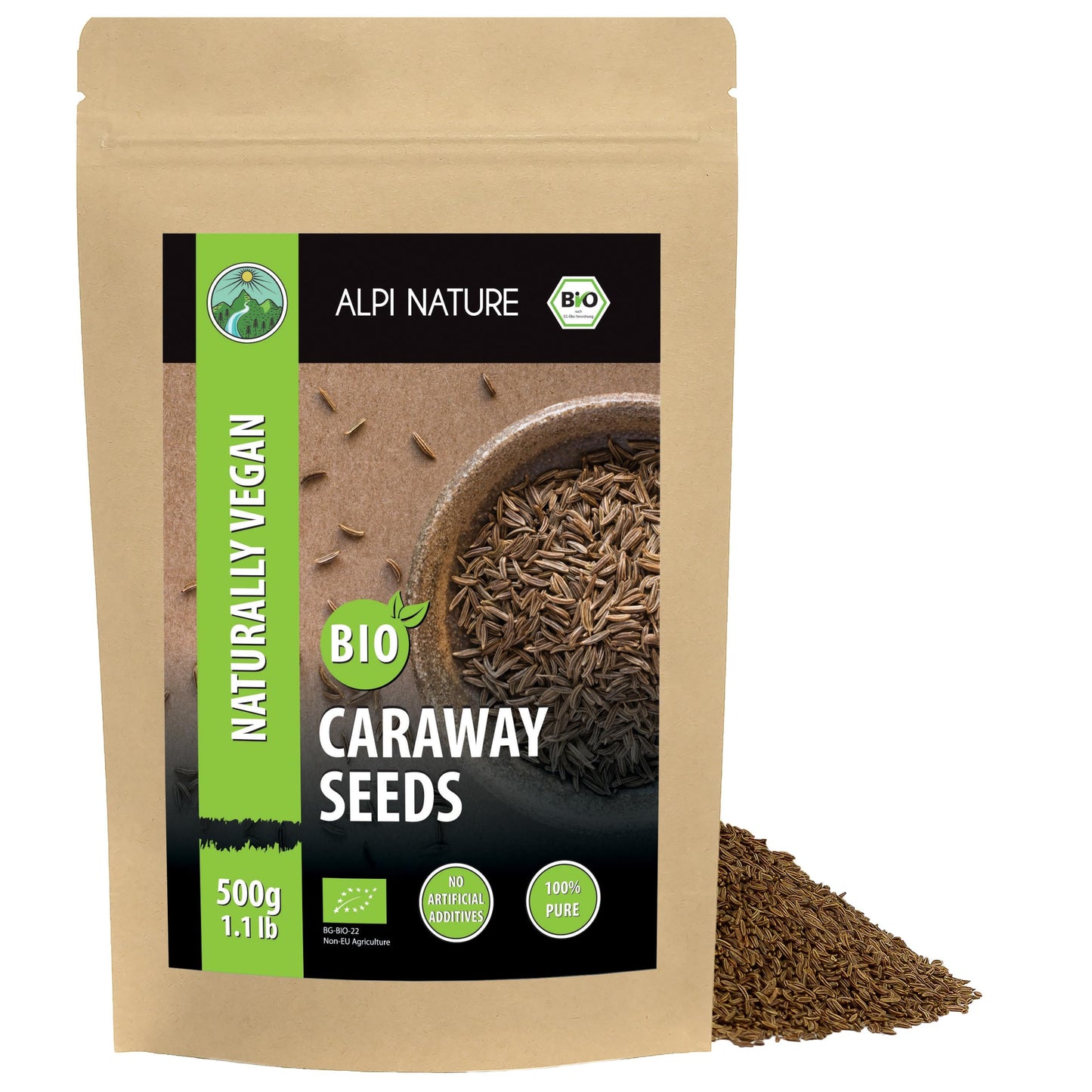 Alpi Nature Organic Caraway Seeds 500g 1.1 lb, Whole Caraway Seeds for Cooking and Baking