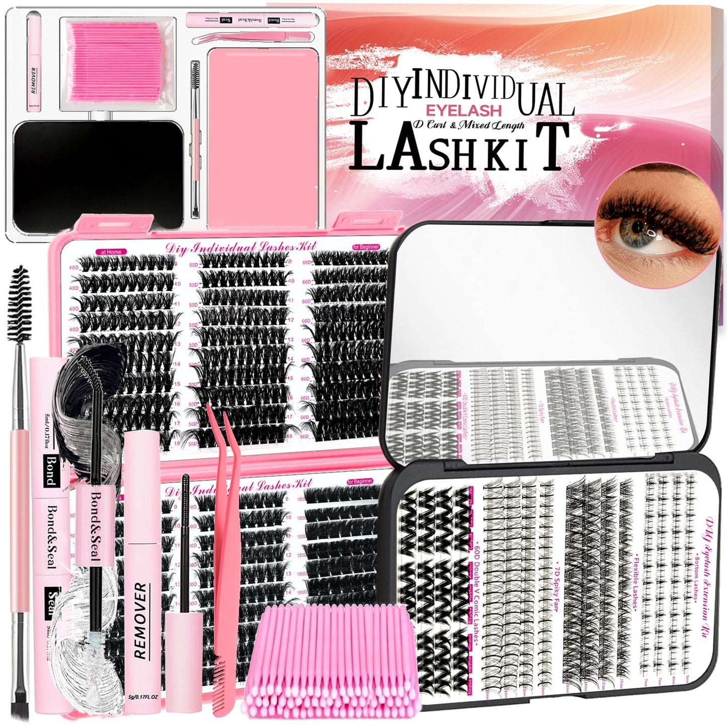 QUKLOGEN DIY Fluffy Lash Extension Kit 772Pcs D Curl 4 styles Individual Lash with Bottom Clusters Bond and Seal,Quick Glue Remover Tweezers Eyelash