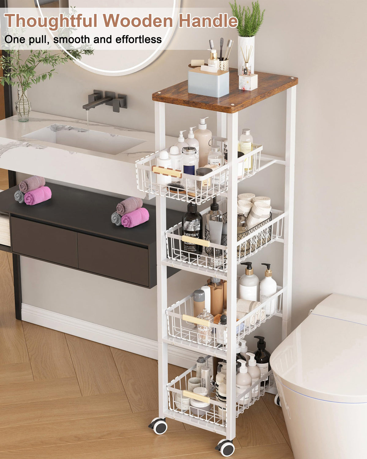 Ornestia 5-tier Vegetable Rack with Wooden Top for Kitchen Storage(White