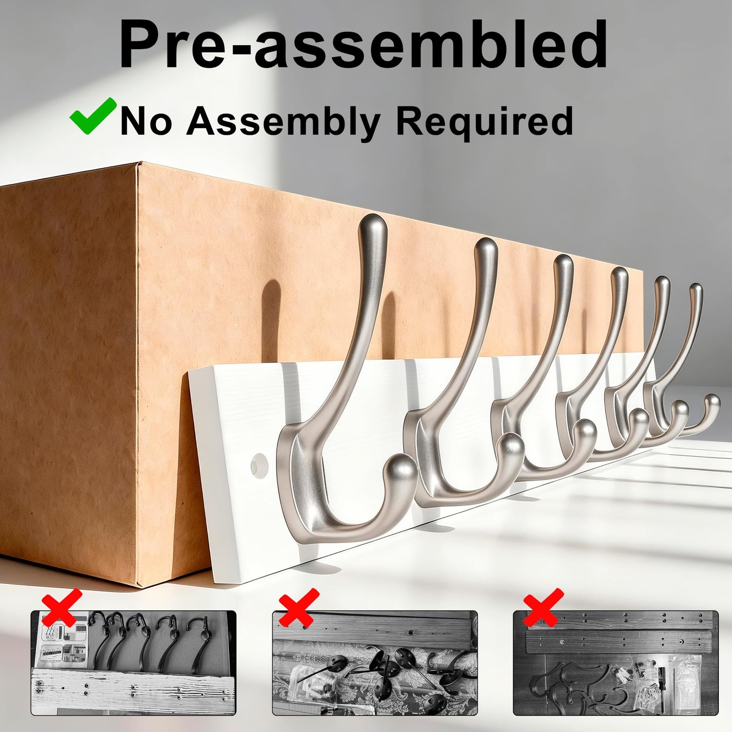 HONSKY Wall Coat Rack - 6 Double Hooks (44cm) | Wooden & Metal Towel/Coat Hanger for Entryway, Bathroom, Bedroom, Garage | Easy Install