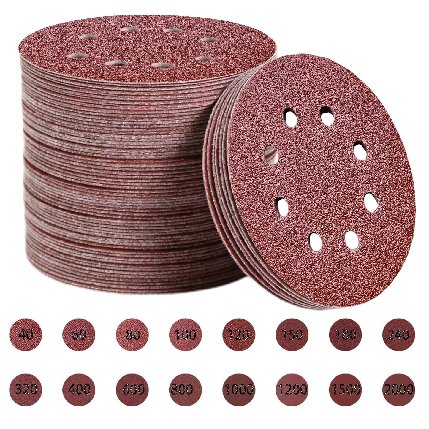 Toowood 200pcs 125mm Sanding Discs, 8-Hole Dustless Hook & Loop sand paper, 40-2000 Multi-Grit Professional Abrasive Discs for Orbital Sander,