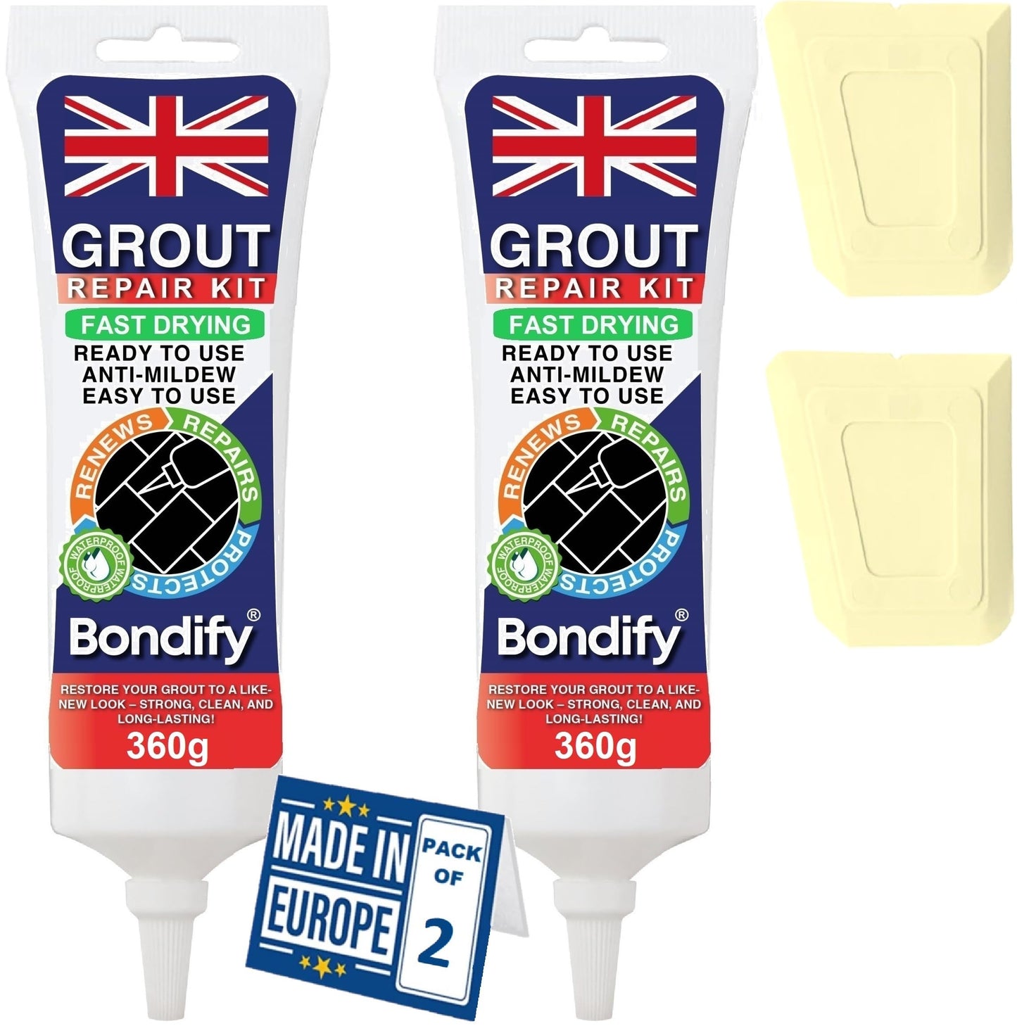 BONDIFY Waterproof Cream Grout Repair Kit Ready Mixed, 360g x 2PCs FAST DRYING, EXTRA VOLUME Anti Mould Tile Grout Reviver Cream for Shower, Bathroom,