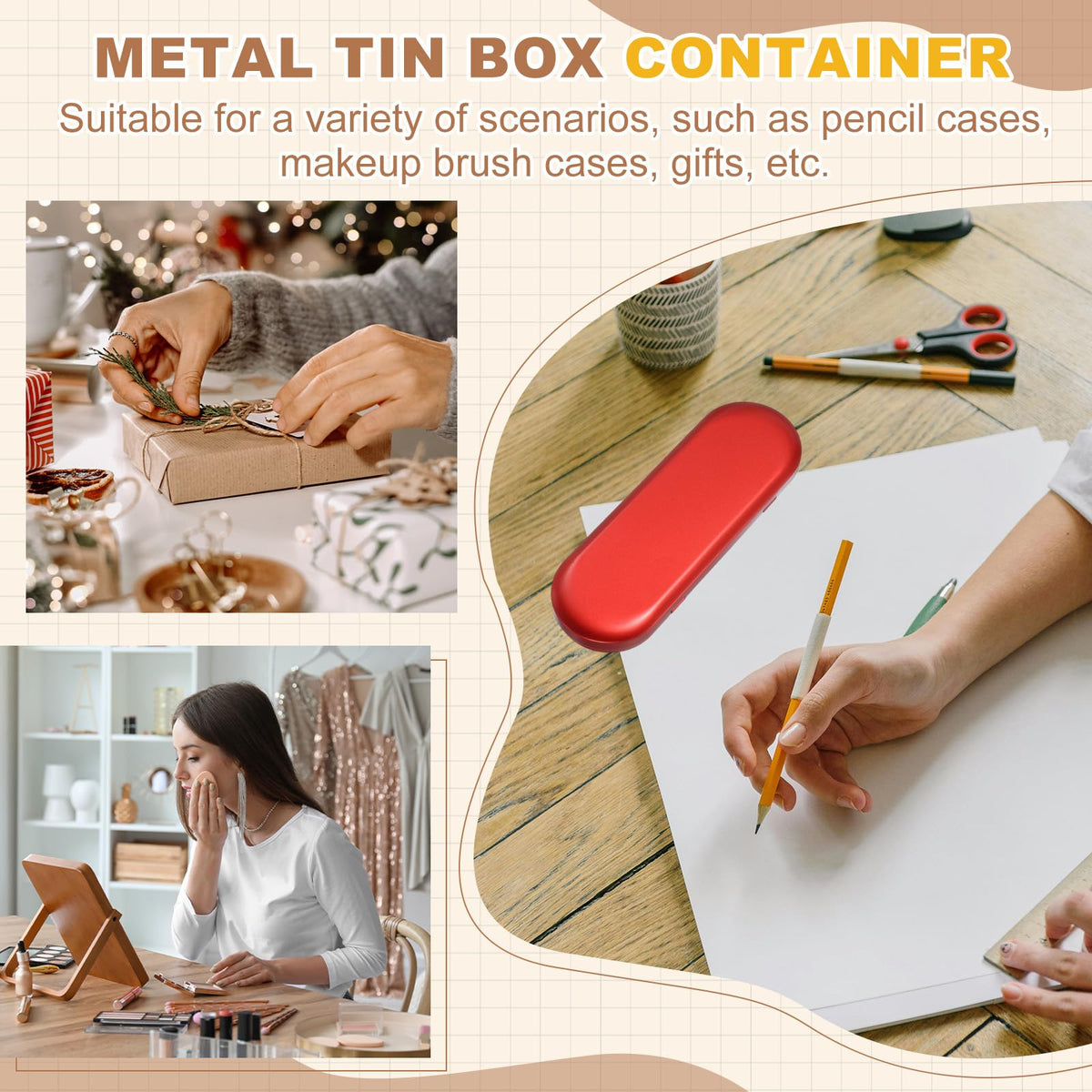 sourcing map 2Pcs Metal Tin Box Container, 6.9x2.4x0.7 Oval Empty Hinged Lid Box with Self Adhesive Colored Sticker