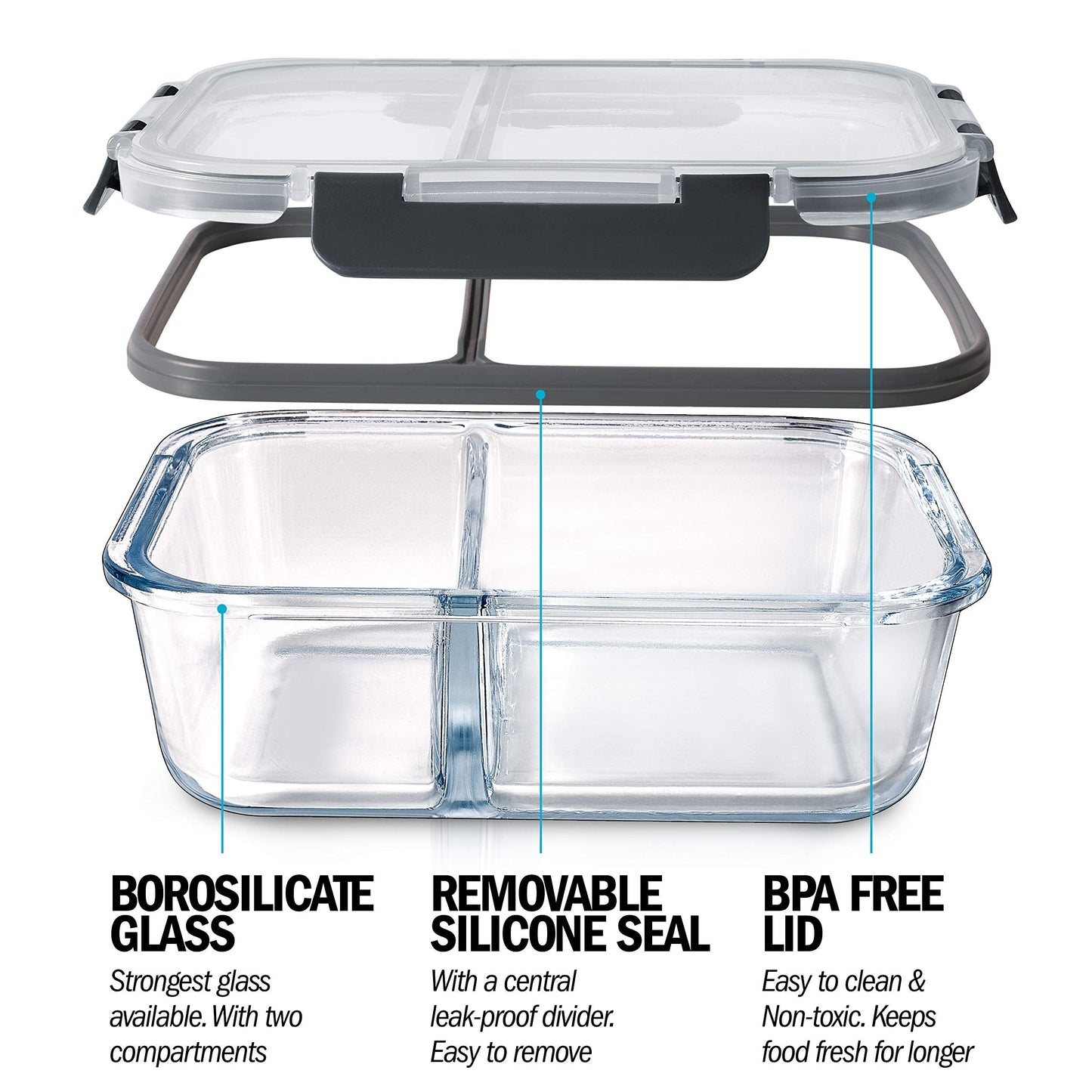 Igluu Meal Prep Glass 2 Compartment Container with Airtight SnapLock Lids - Portion Control Food Storage - BPA Free - Microwavable, Dishwasher,