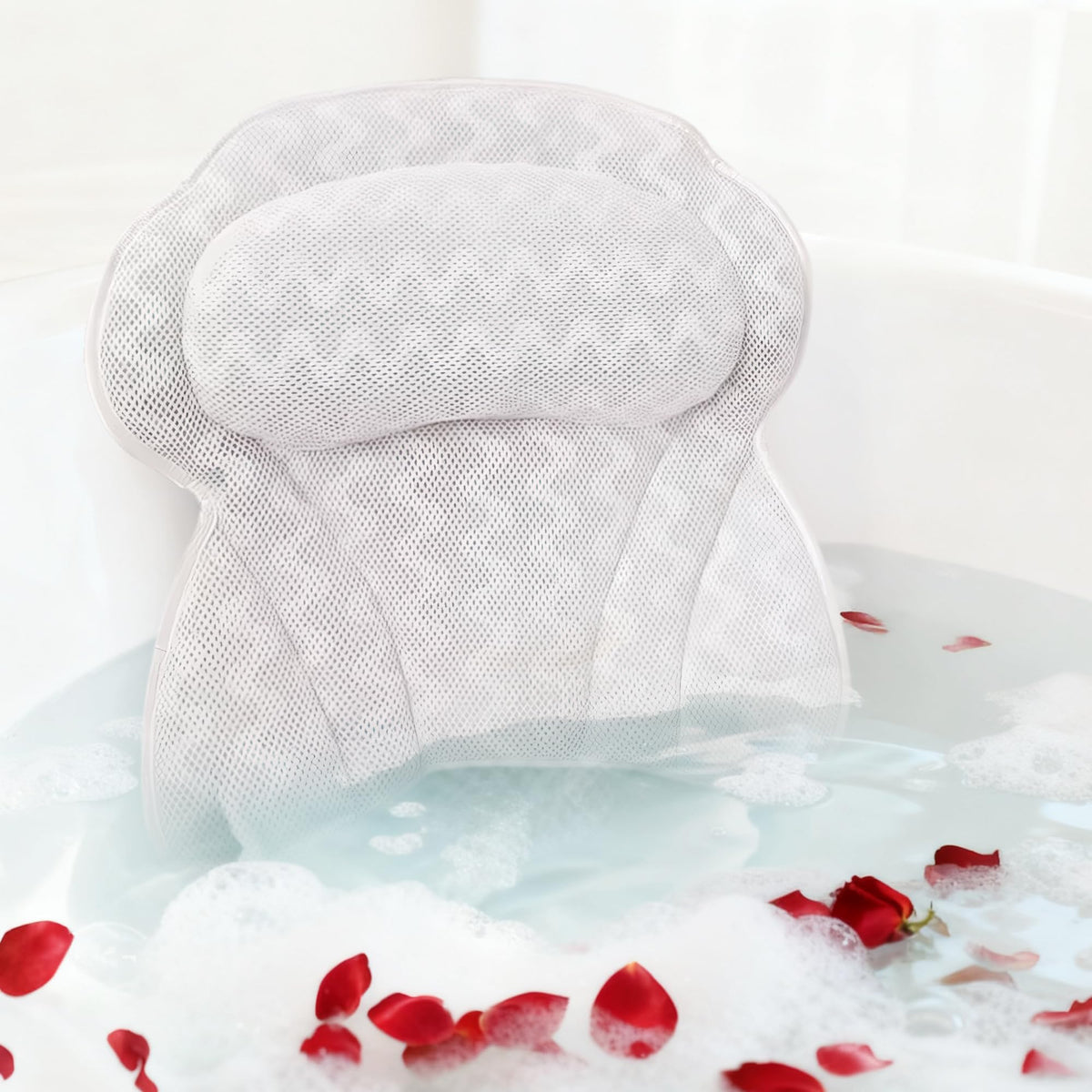 AUNEK Luxury Bath Pillow, Ergonomic 4D Air Mesh Headrest Cushion for Head with 6 Suction Cups, Neck, Shoulder and Back Support, Non-Slip Comfortable
