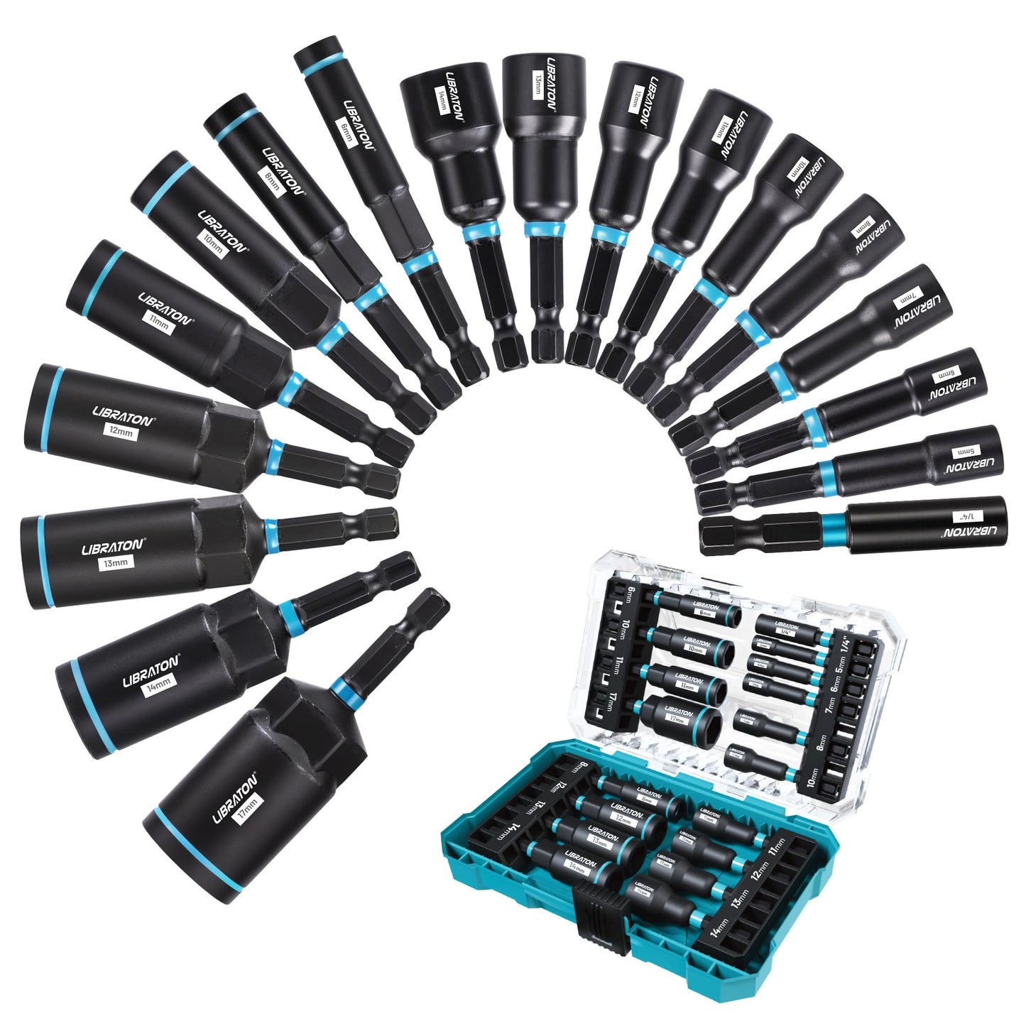 LIBRATON Magnetic Nut Driver Set, 18PCs Impact Driver Bit Set, Deep Nut Drivers Set, Metric Nut Driver for Impact Drill, 5-14 MM Nut Drivers and 6-17