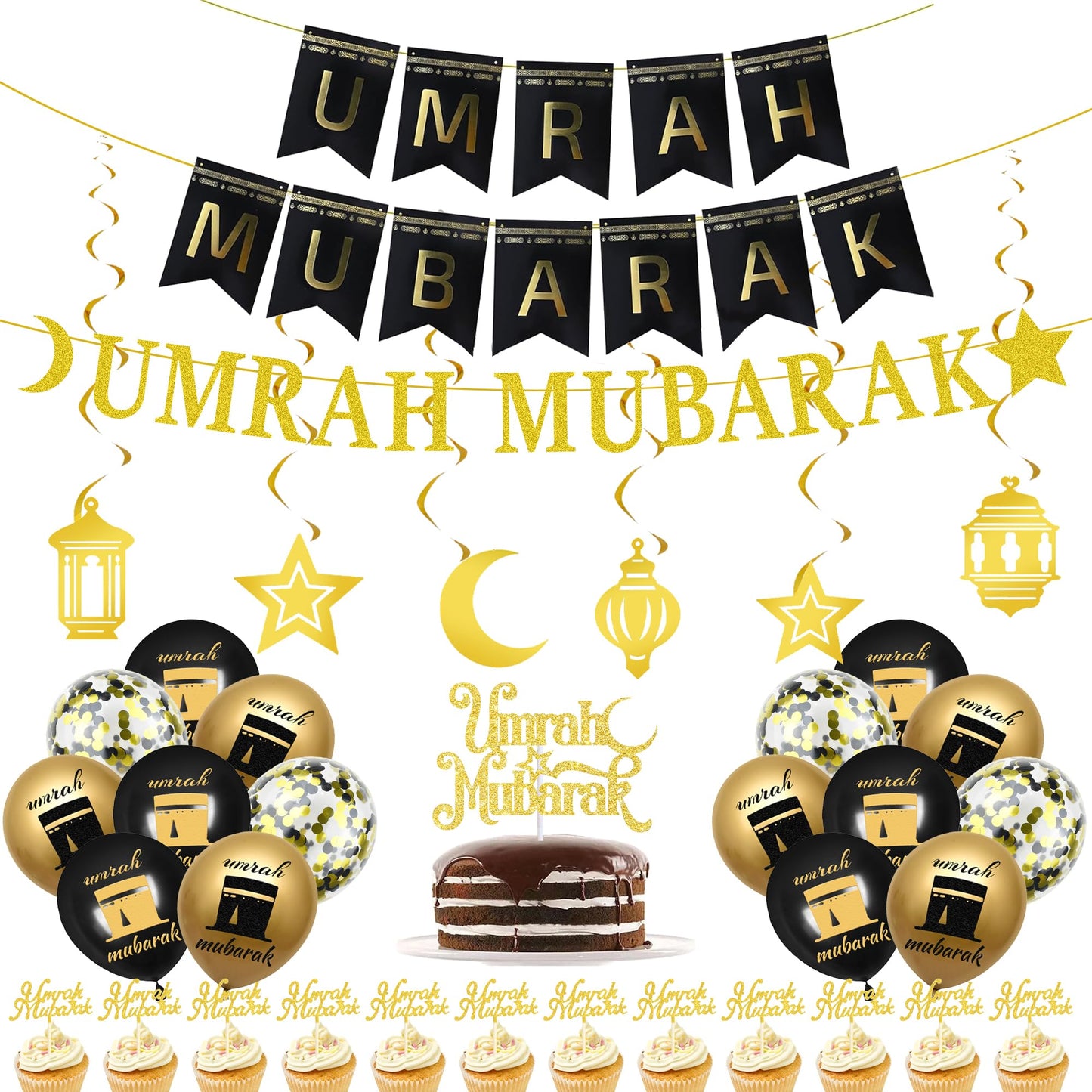 Umrah Mubarak Decoration Ramadan Balloon - 38 Pcs Black Gold Umrah Mubarak Banner, Moon Star Hanging Swirls, Cake Toppers Latex Balloons for Muslim