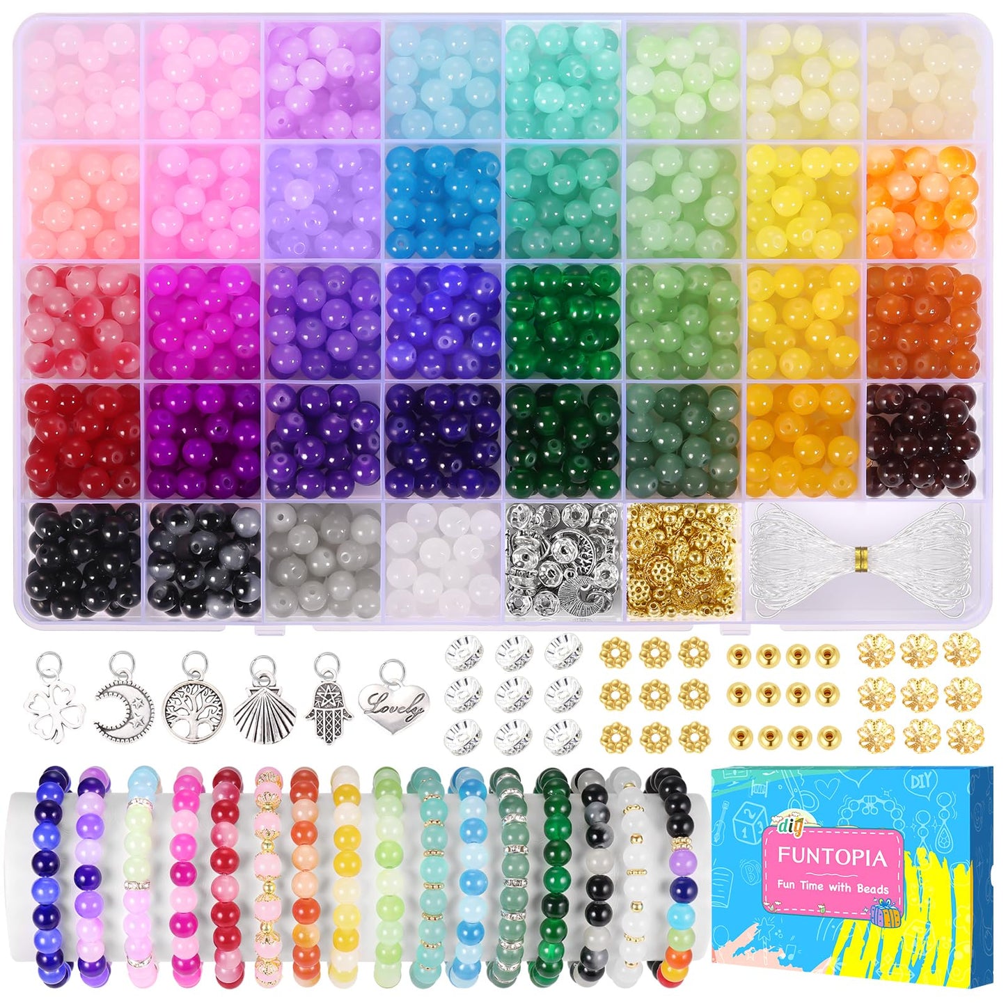 Funtopia 36 Colors Glass Beads for Bracelet Making, 8mm 1060 Pcs Crystal Gemstone Beads Imitative Jade Bead for Jewellery Making Coloured Big Hole
