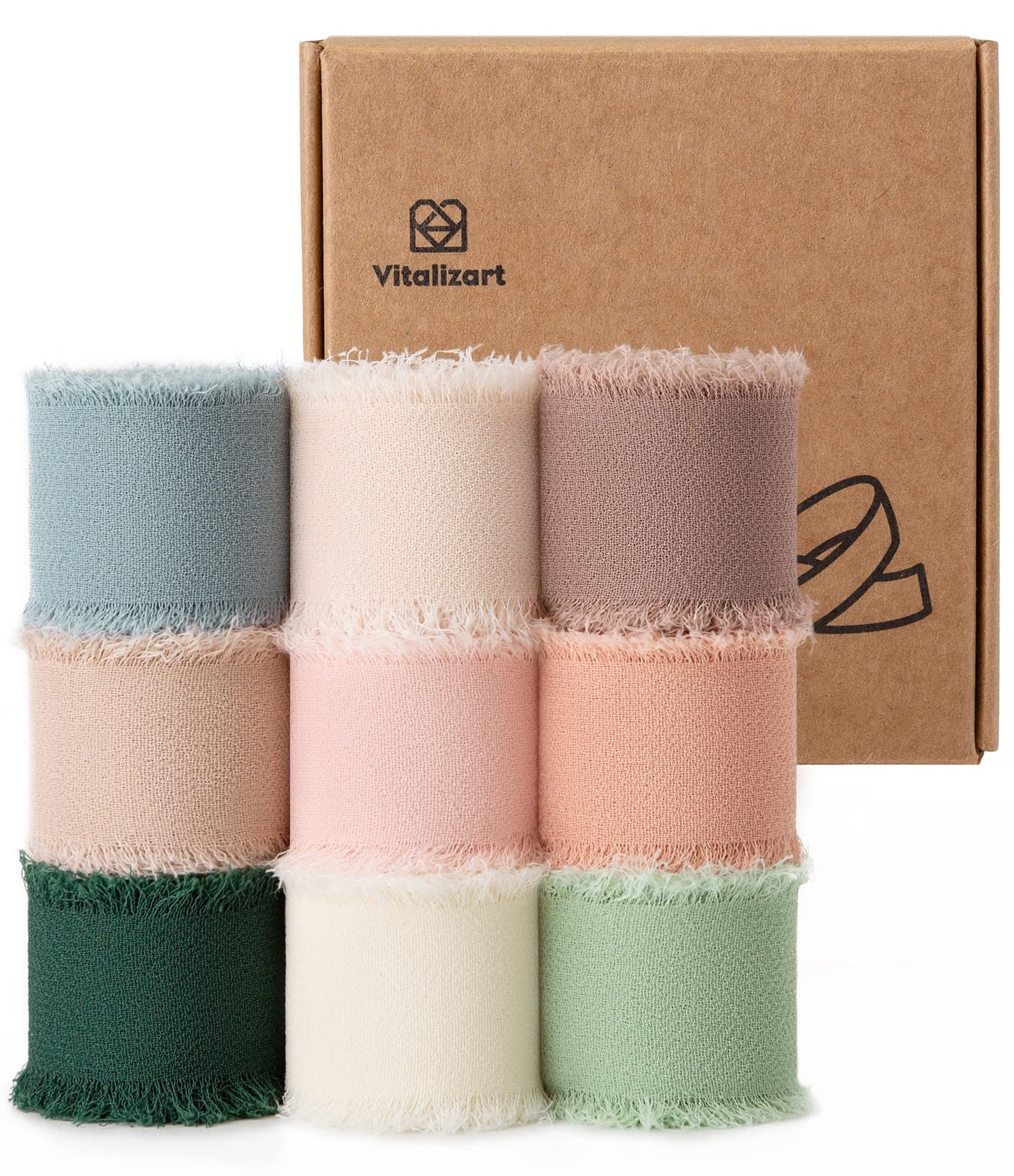 Vitalizart Chiffon Ribbon 1" x 27Yd Mixed 9 Colours, Fringe Edge Fabric Ribbon Package (9 Rolls *3Yd) for Wedding Invitation, Bridal Bouquet,