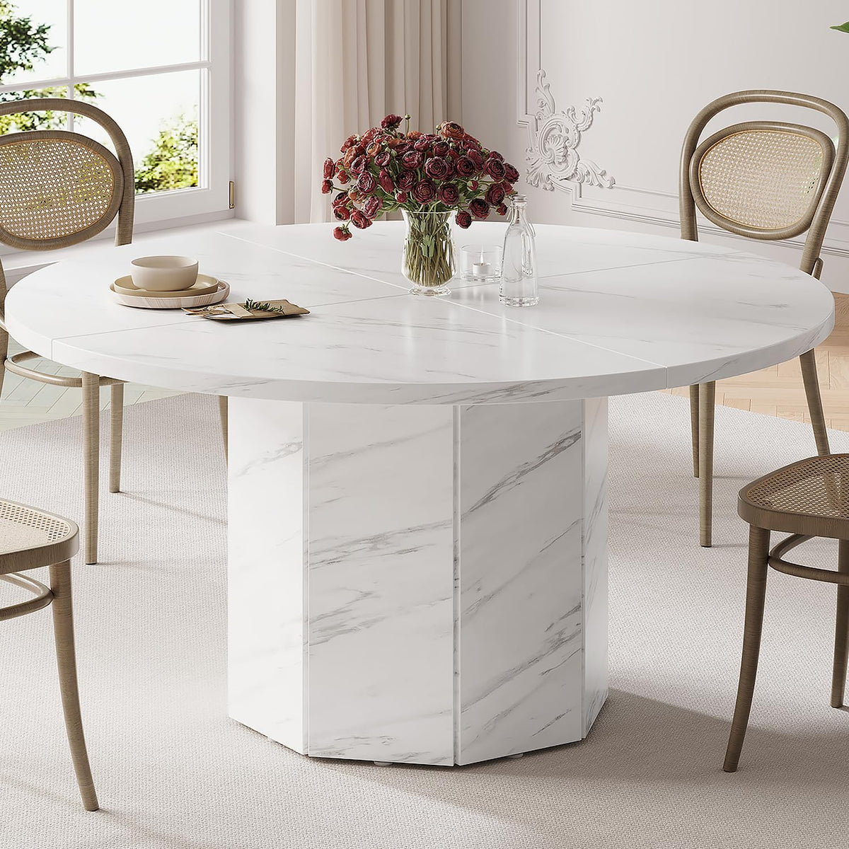 HSH Round Dining Table for 4-6 People, White Faux Marble Dinner Table only, Modern Circle Kitchen Table for Home Living Room, Industrial Wood Dining