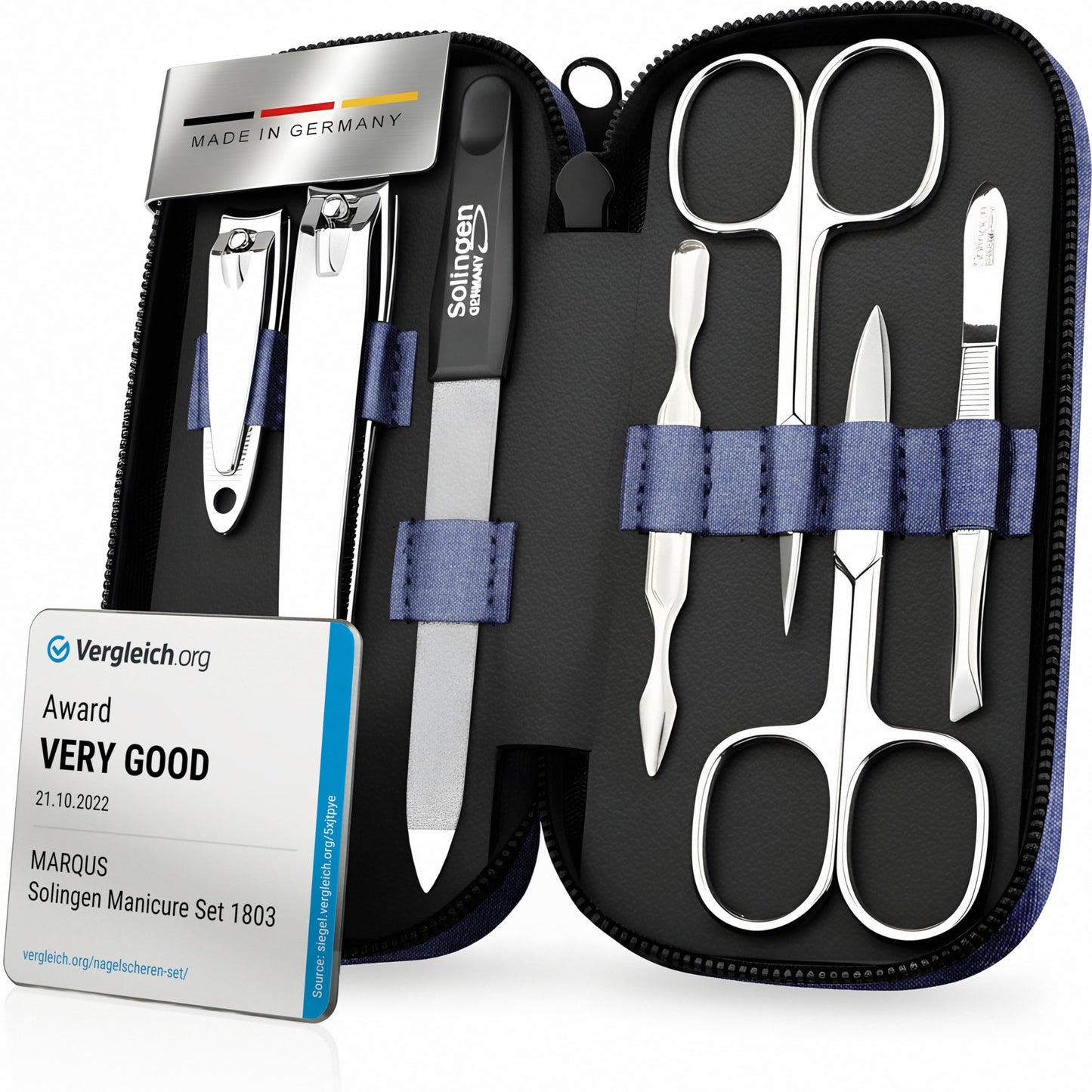 Solingen Manicure Set for Women & Men - Comparison Winner with Top Price/Performance Ratio - Handy and Soft Case - 7-Piece Grooming Kit, Jeans
