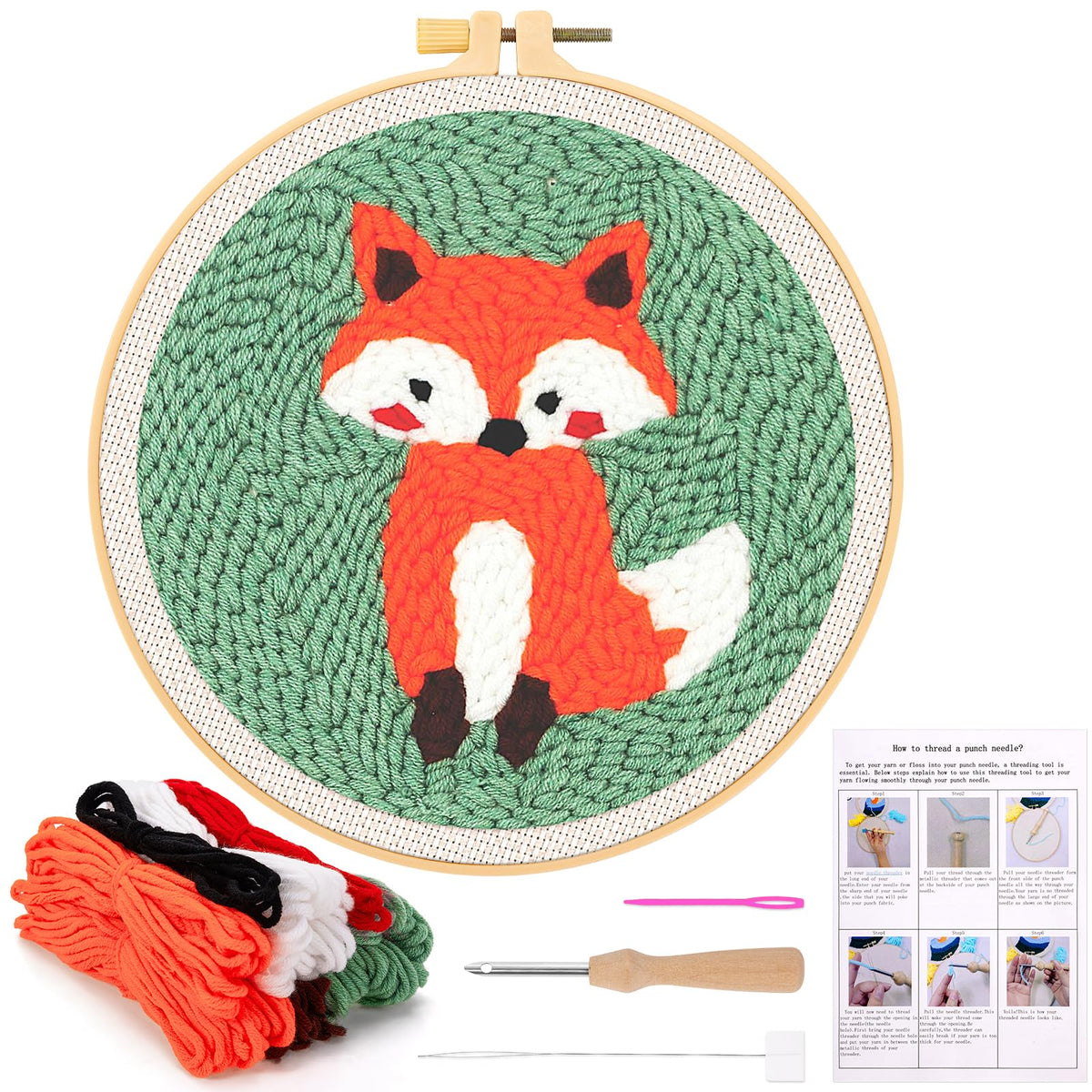 JSRQT Punch Needle Kit for Adults Beginners DIY Punch Needle Kits with Fox Pattern Handcraft DIY Embroidery Starter Kit Craft with Instructions Hoop