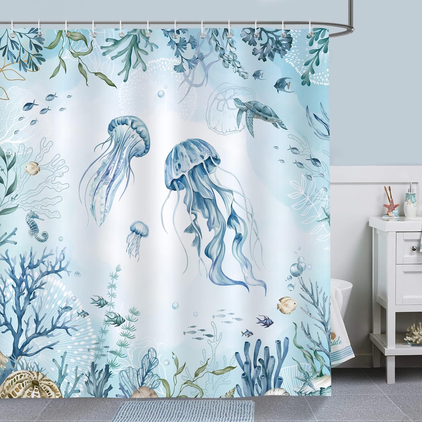 Bonhause Jellyfish Shower Curtain Blue Ocean Beach Coastal Bathroom Curtain 180 x 180 cm Waterproof Mildew & Mould Resistant Polyester Fabric Bath