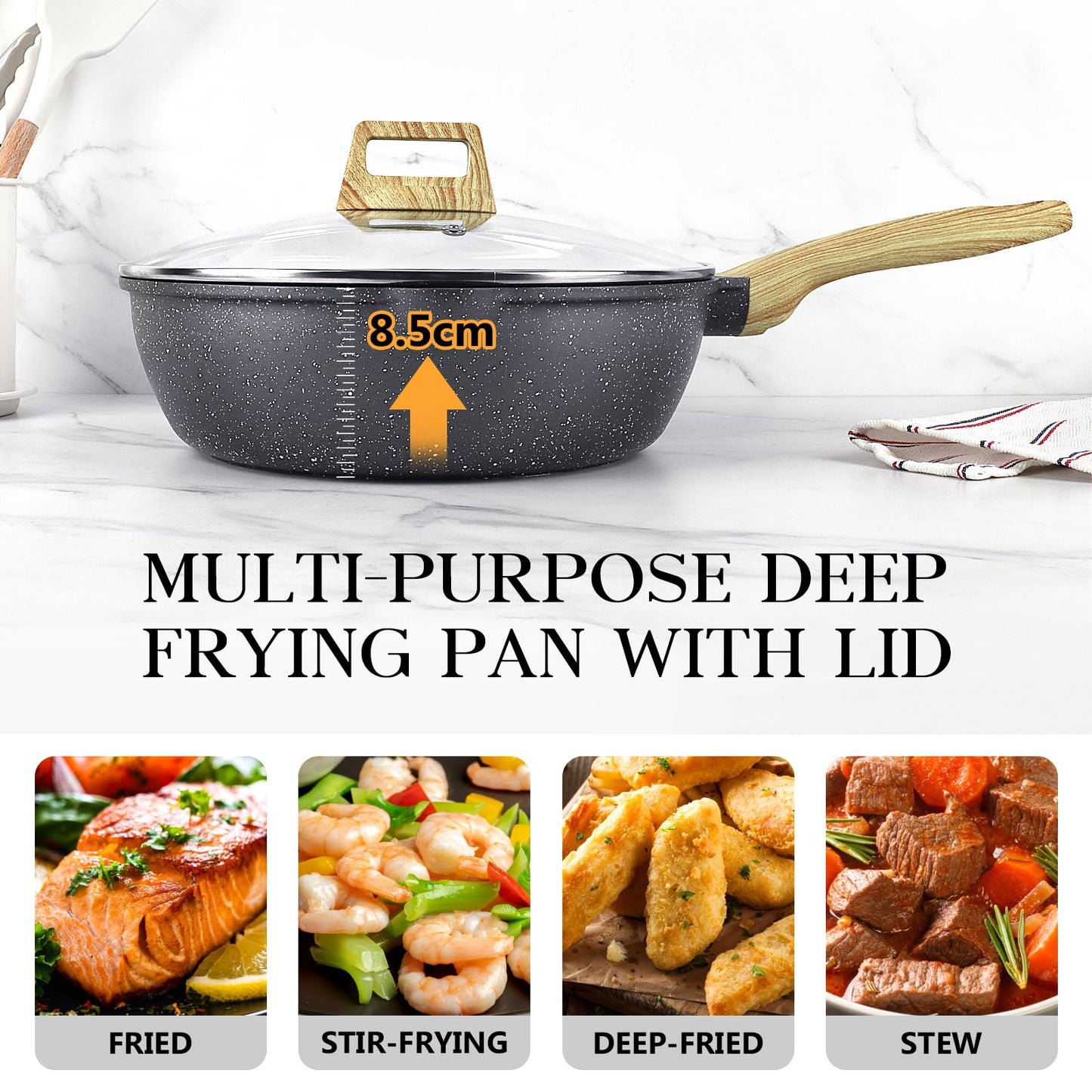 GiPP Nonstick Deep Frying Pan - 2.6L Grey Granite Saute Pan with Lid, Pour Spout and Stay-Cool Handle, Non Stick Skillet Non Toxic Cooking Pan