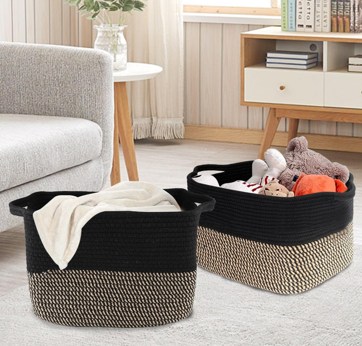 Gzsekken 2 Pack Woven Storage Baskets Rope Storage Baskets Two Tone Cotton Rope Baskets with Handle,Laundry Organiser Nursery Decor Laundry Hamper