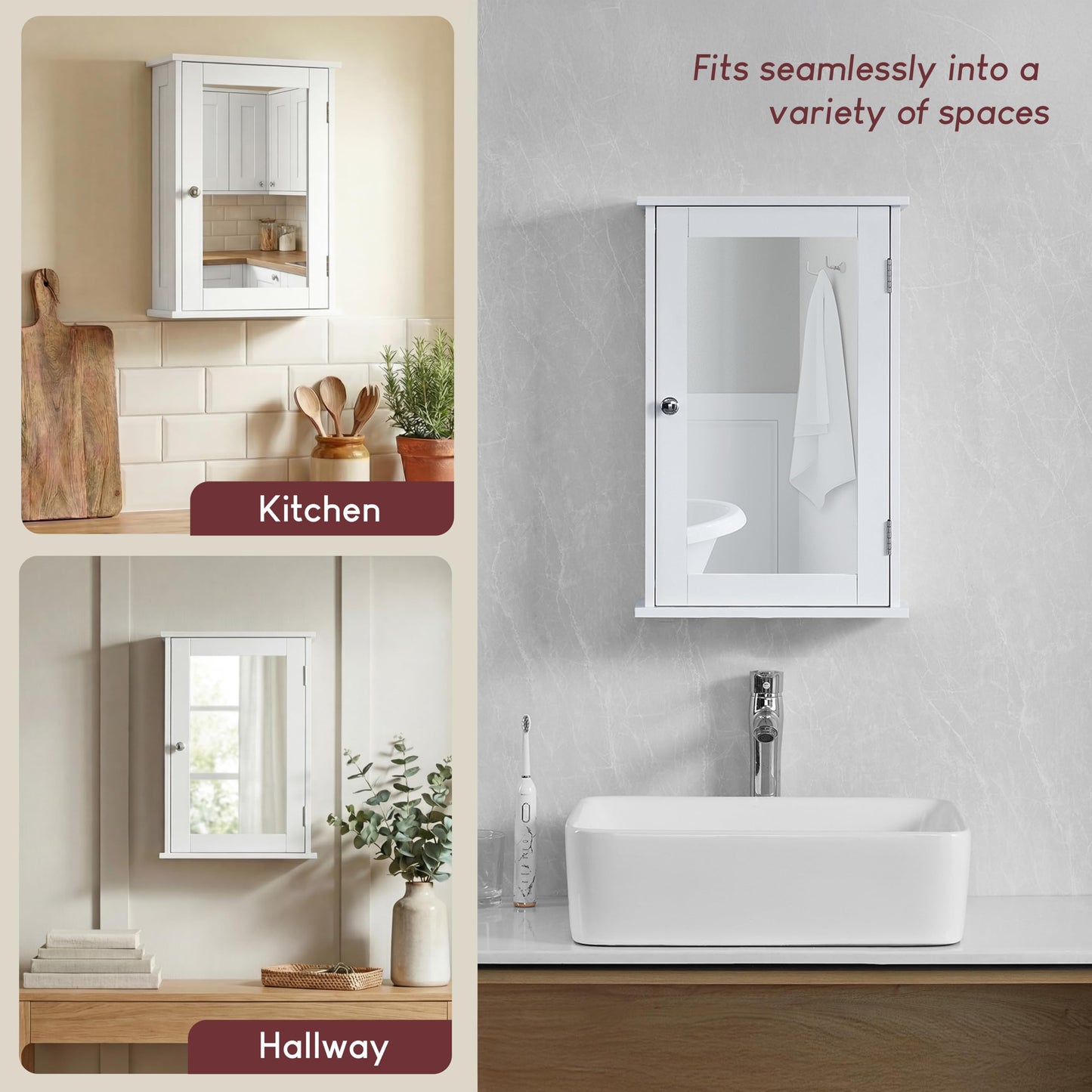 Bath Vida Bathroom Cabinet Single Mirrored Door Wall Mounted, White