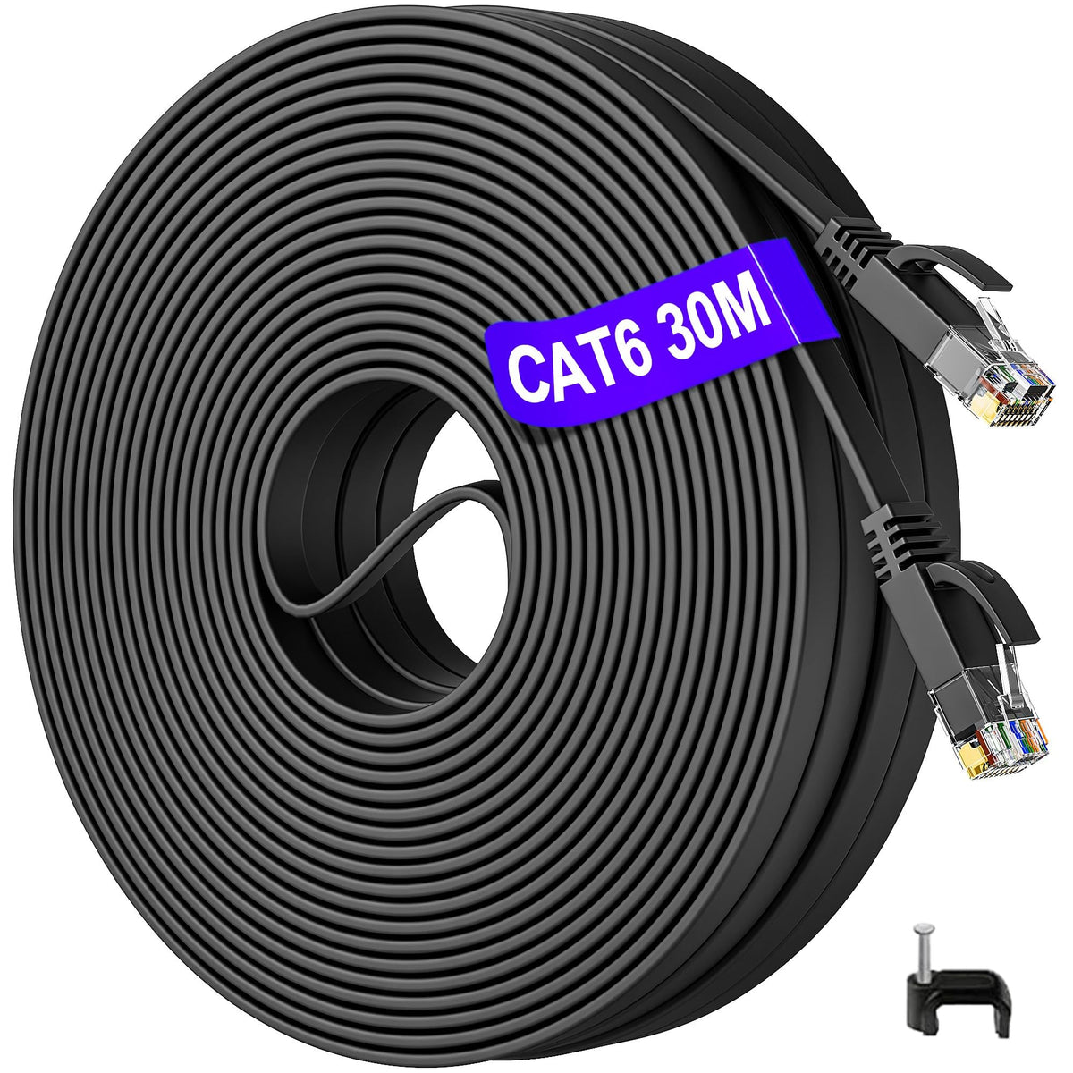 Ethernet Cable 30m Outdoor Indoor, Cat 6 Long Internet Cable High Speed, Flat Lan Network Cable 30 Meters, Gigabit Black Wifi Cable Slim RJ45 Patch