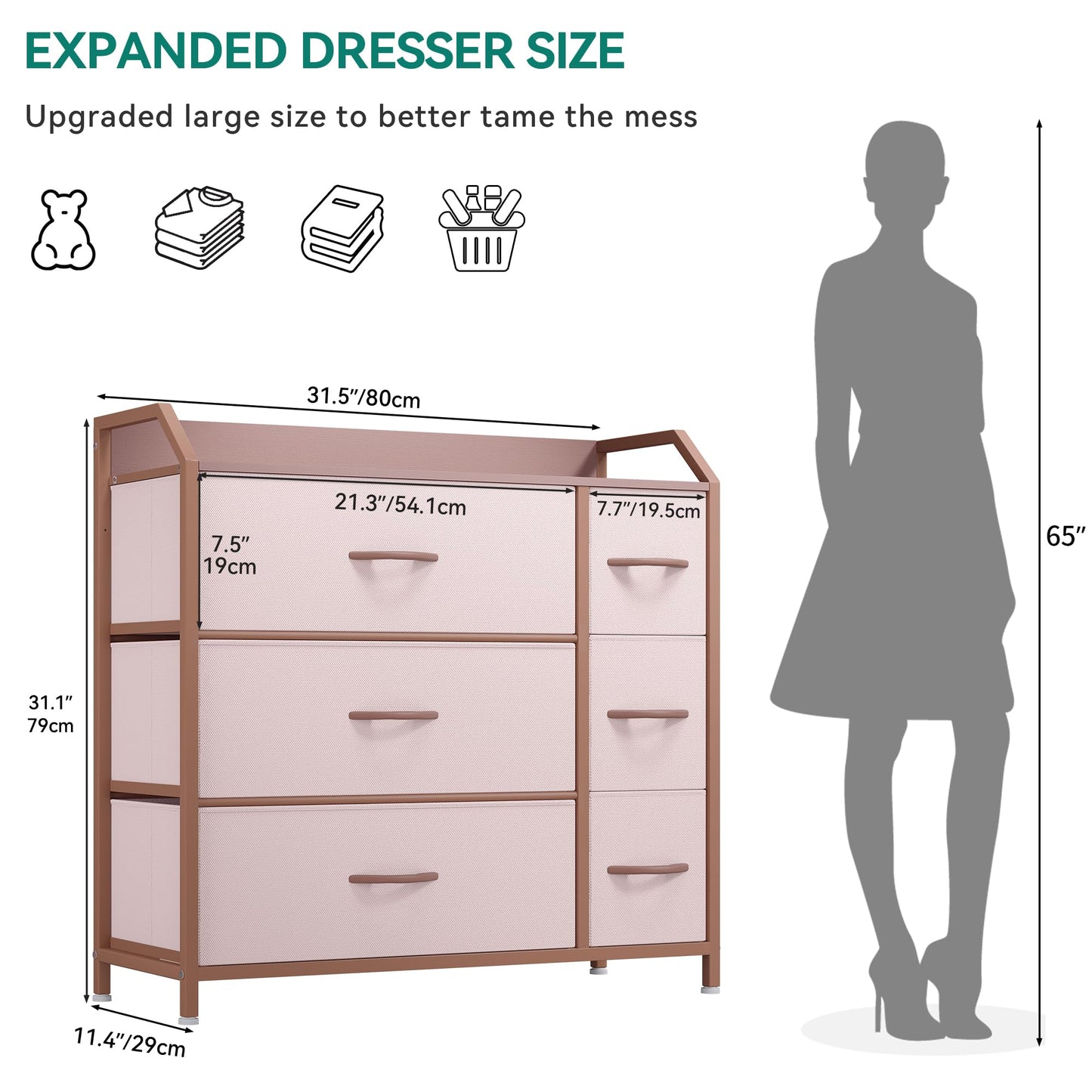 YITAHOME Chest of Drawer with 6 Drawers for Bedroom Fabric Dresser Storage Drawers With Handles Metal Frame for Living Room, Hallway,Pink