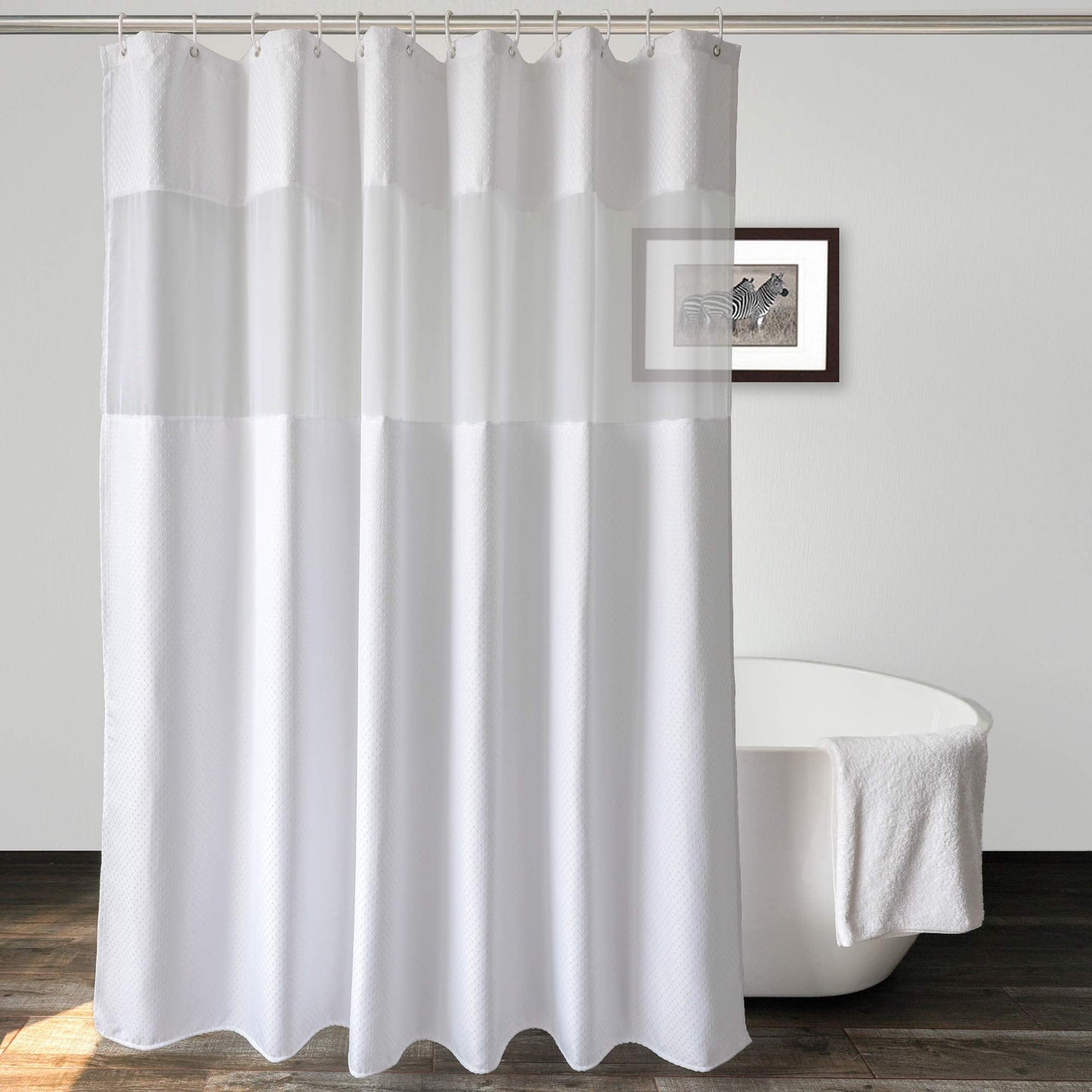 UFRIDAY Waffle Weave Fabric Shower Curtain with Mesh Window, Heavy Duty Decorative Bathroom Curtain with White Pique Pattern, Spa-Like Hotel Luxury,
