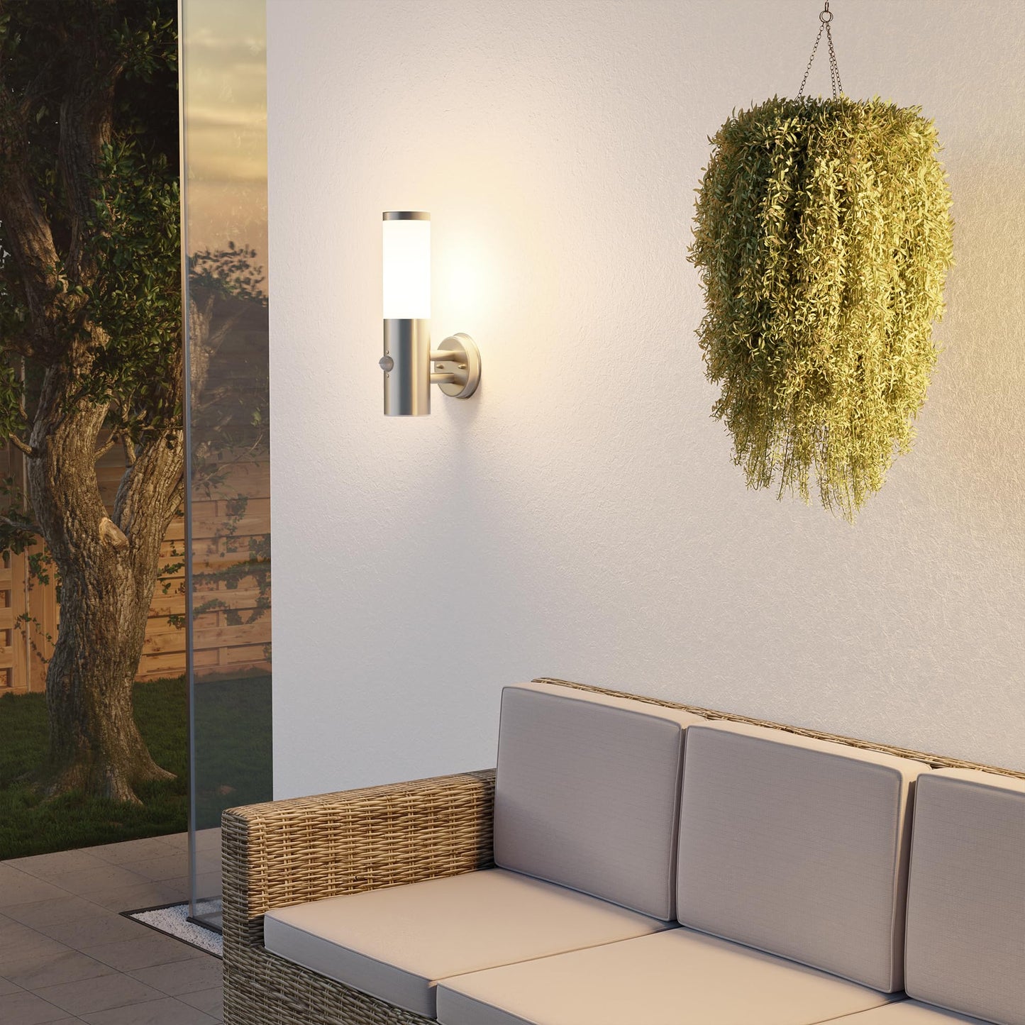 ledscom.de 2 pcs. Wall Light PORU for Outdoors, IP44, Motion Detector, Stainless Steel, Stainless Steel matt, Round, 1x E27 max. 15W