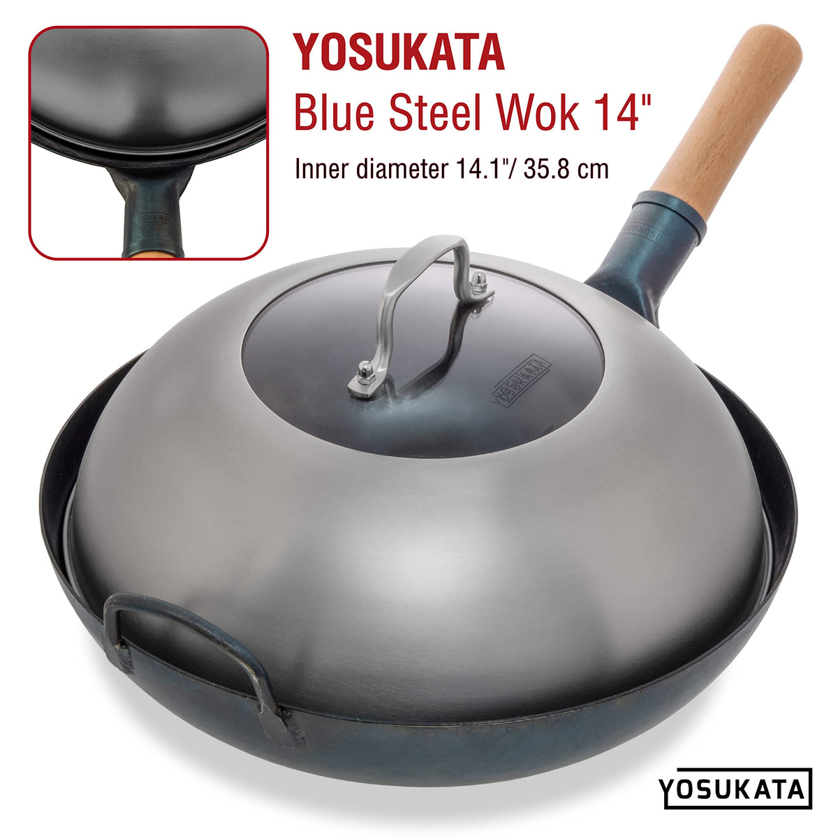 YOSUKATA Wok Lid 34.5 cm for 36 cm Wok - Premium Stainless Pan Cover - Tempered Glass Insert Steam Holes - Ergonomic Handle - Durable Asian