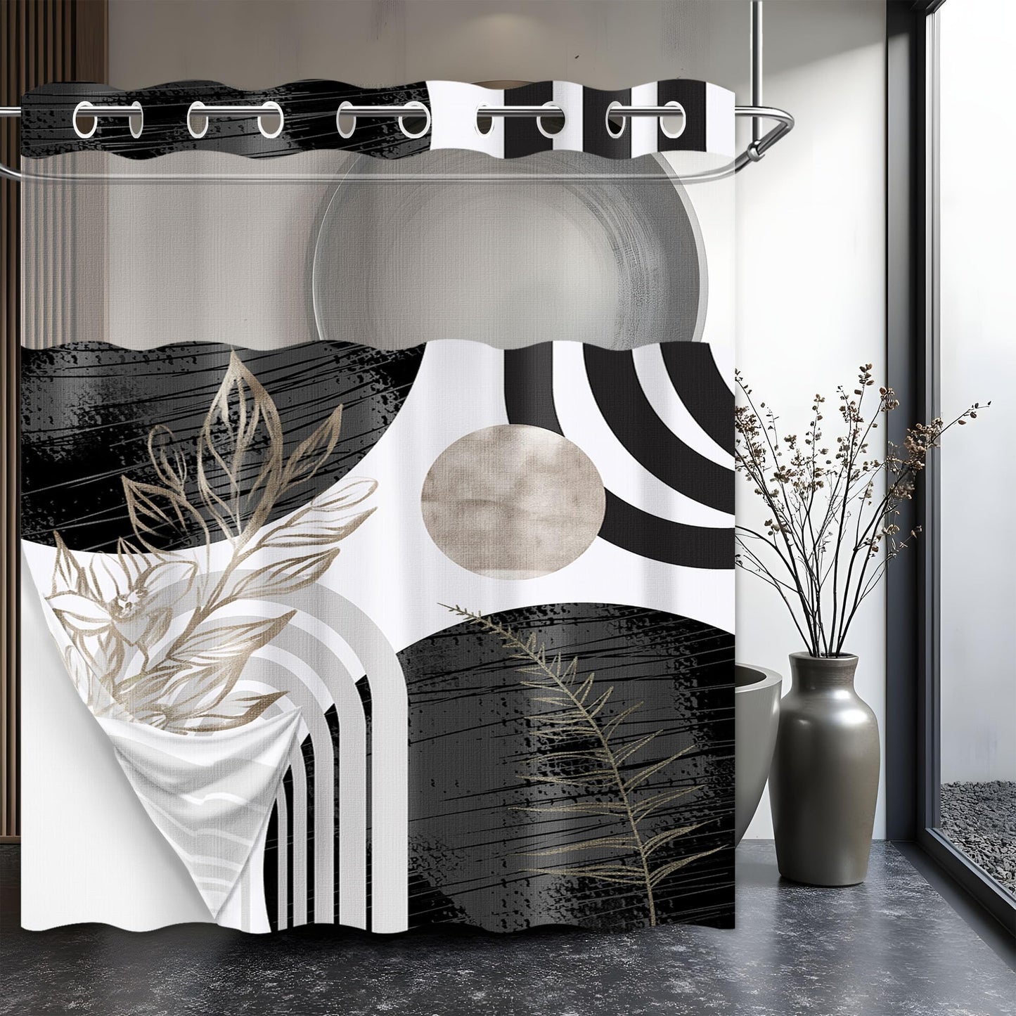 LanZanthic Boho Hookless Shower Curtain with Snap in Liner, Abstract Black White Grey Mid Century Modern No Hook Double Layer Shower Curtain and Liner