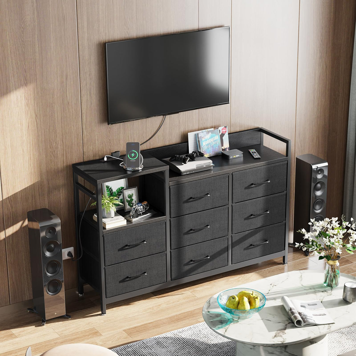 ODK Black Chest of Drawers Bedroom, Contains 2 USB & 2 AC Ports Sockets, 8 Fabric Drawers Multi-functional Drawers Suitable for Bedrooms,Living Rooms,