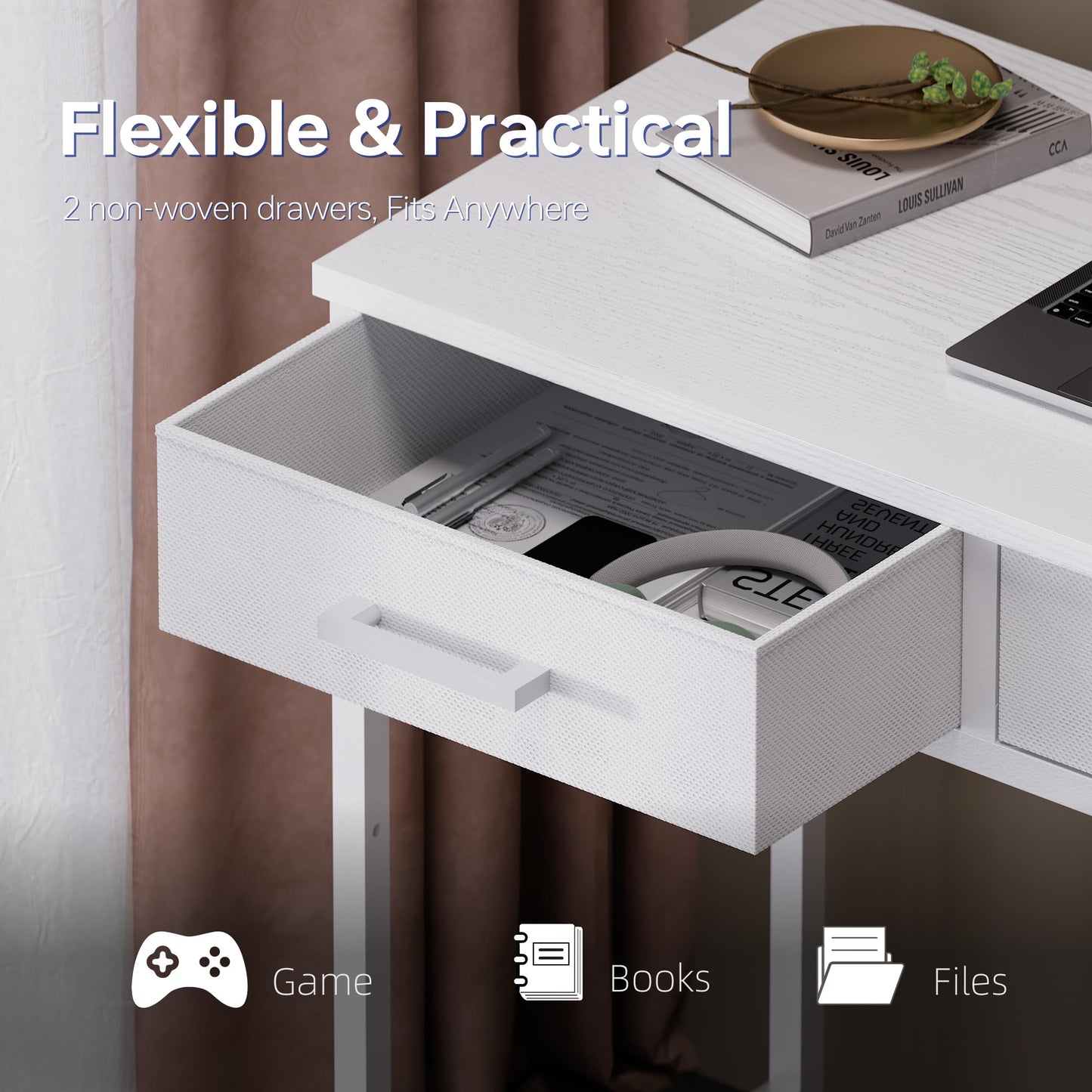 PAMRAY 80cm Small Computer Desk with 2 Drawers for Bedroom Study Writing Home Office Table for Small Spaces White