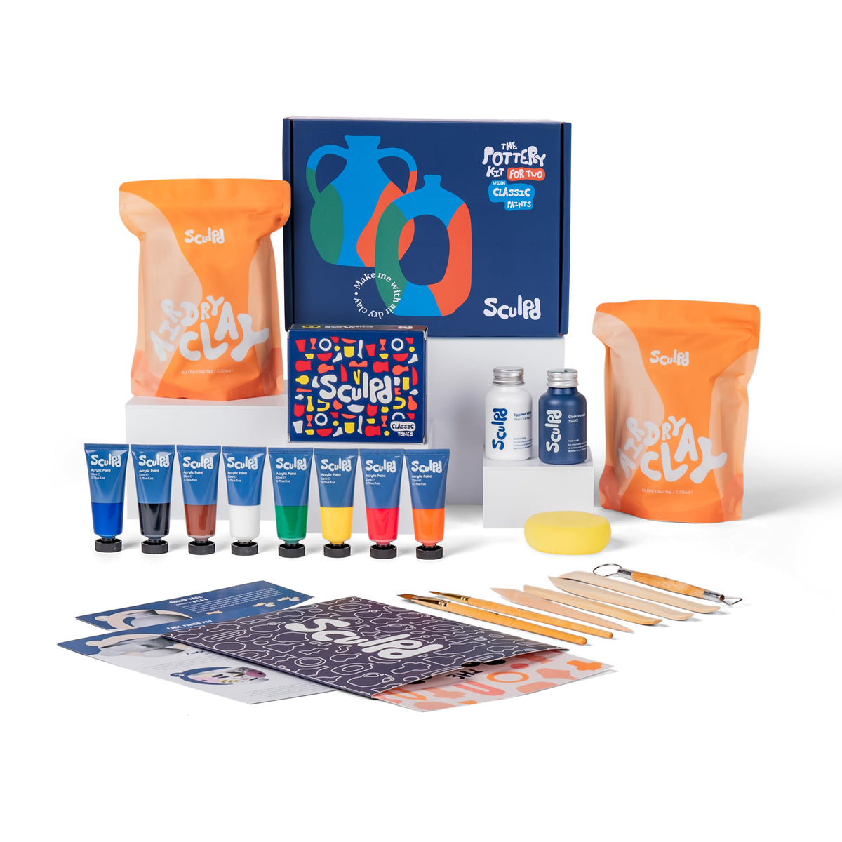 Sculpd - The Original Pottery Kit for Two, Air-Dry Clay Starter Kit for Beginners with Matte Varnish, Paints, Tools and Guide (Gloss Varnish with