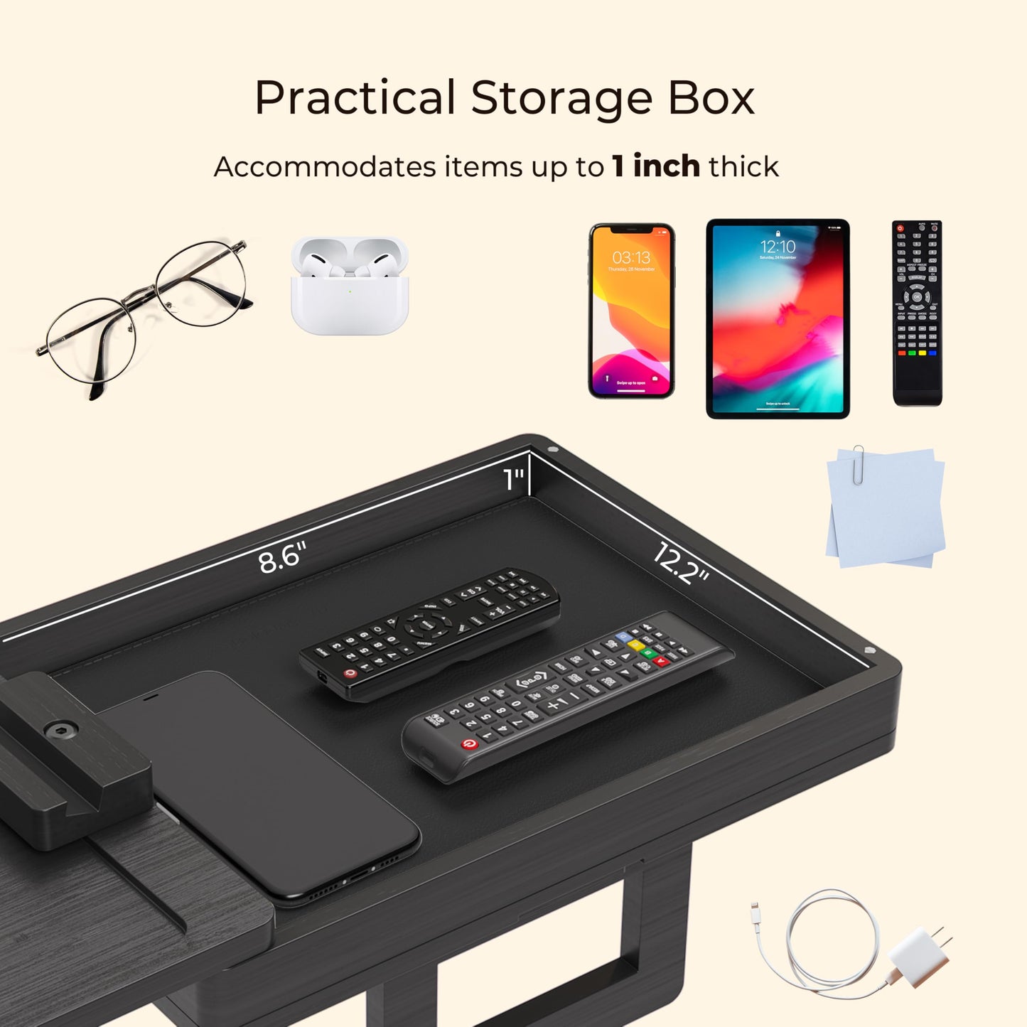 Wealone Black Couch Arm Tray for Wide Couch, Bamboo Sofa Arm Clip Table with Storage Box, Armrest Tray with 360°Rotating Phone Holder