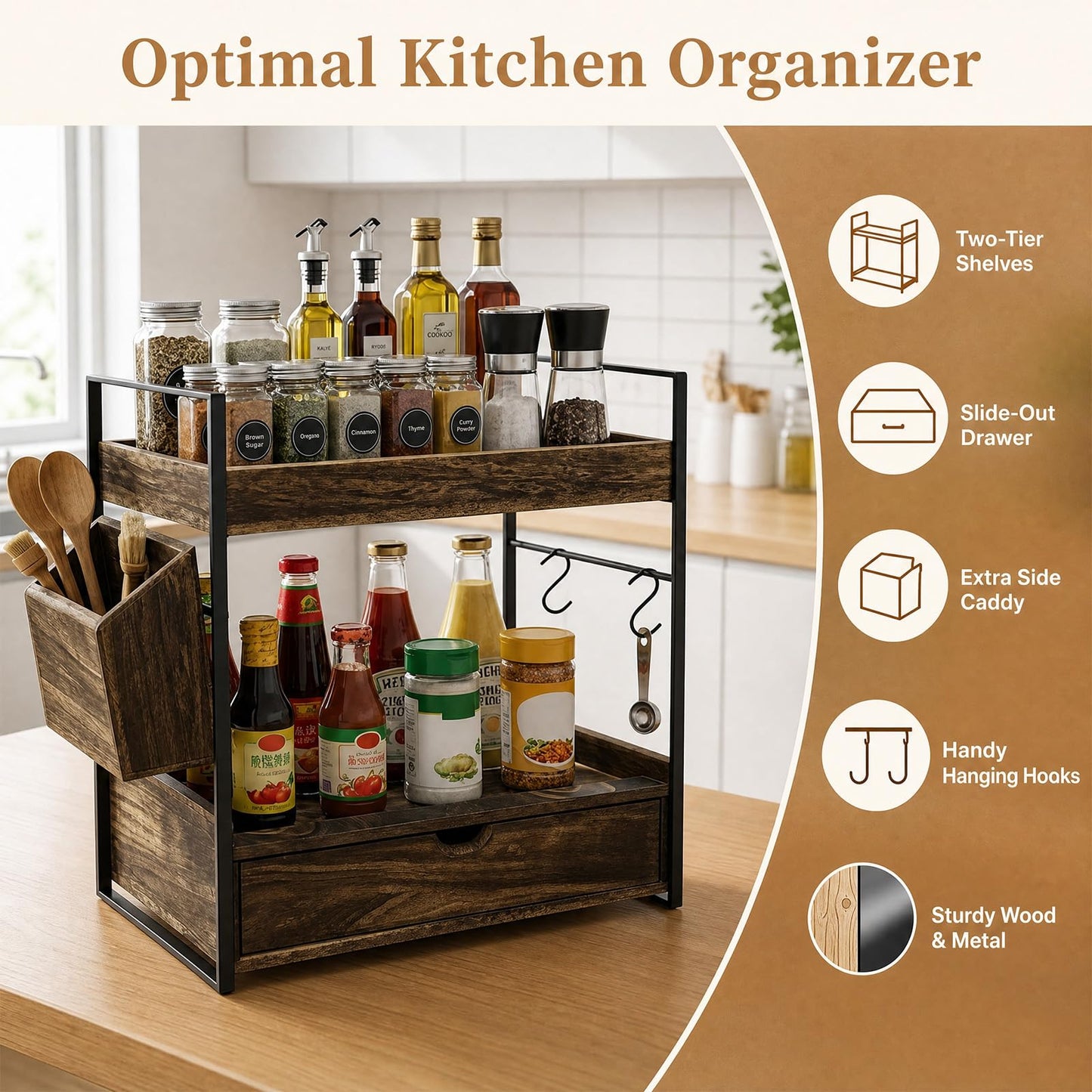 Bathroom Counter Organizer with Drawer and Basket, Wooden Skincare Holder