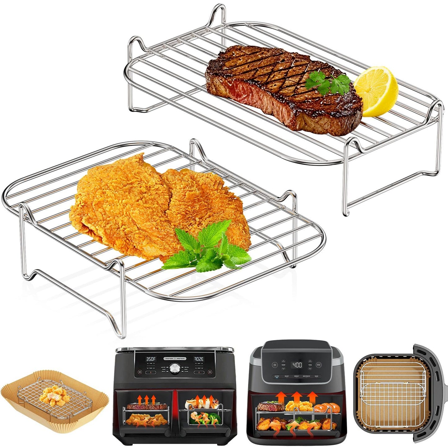 Ninja Air Fryer Rack, HONYAO 2pcs Air Fryer Accessories Stackable Grilling for Ninja AF300UK AF400UK DZ400UK Other Dual Zone Baskets